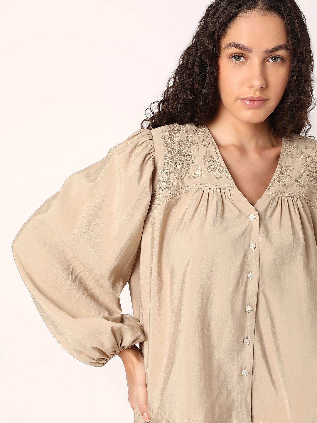 Beige Embroidered Co-Ord Set Top