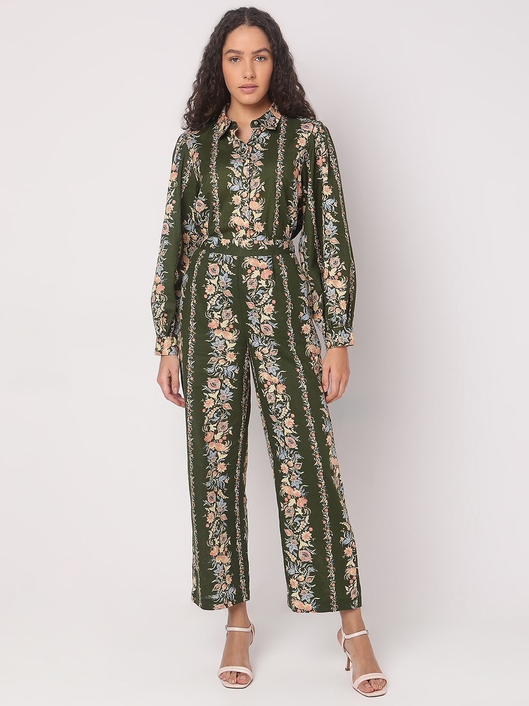 Olive Green Floral Co-Ord Set Pants