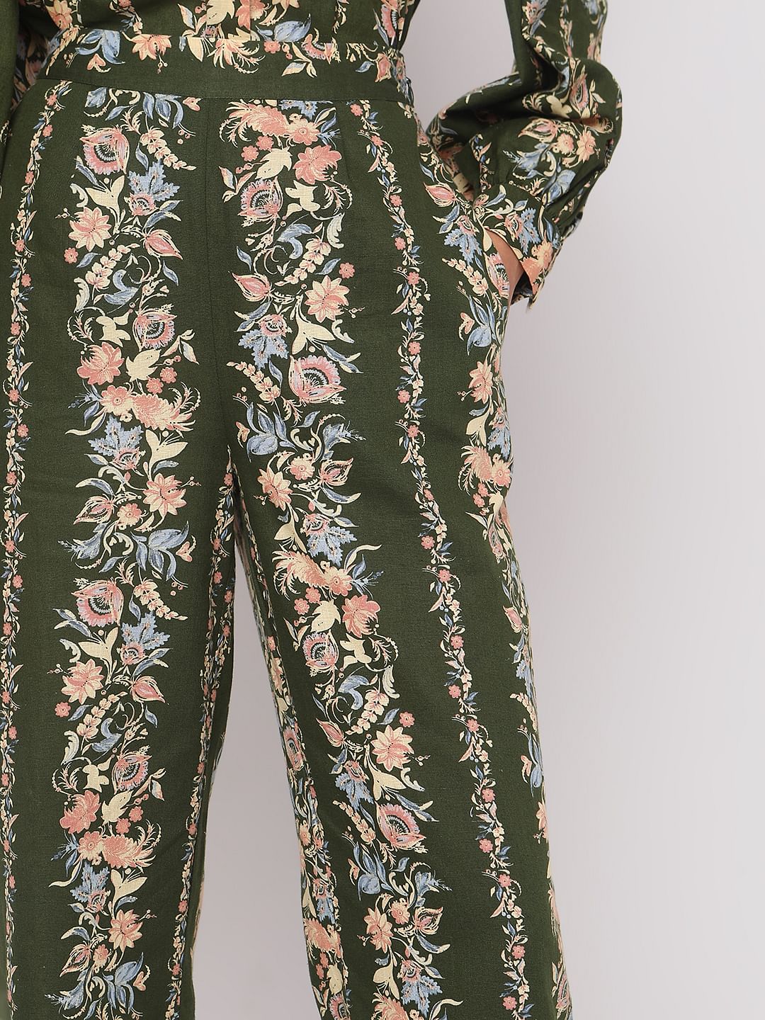 Olive Green Floral Co-Ord Set Pants