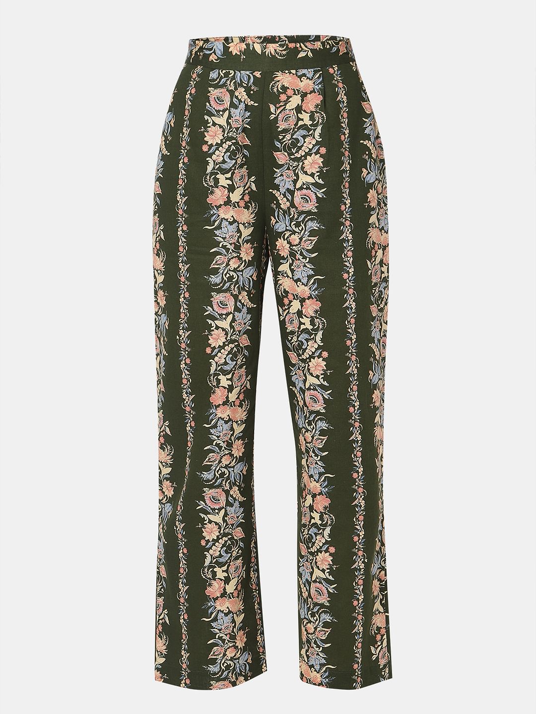 Olive Green Floral Co-Ord Set Pants