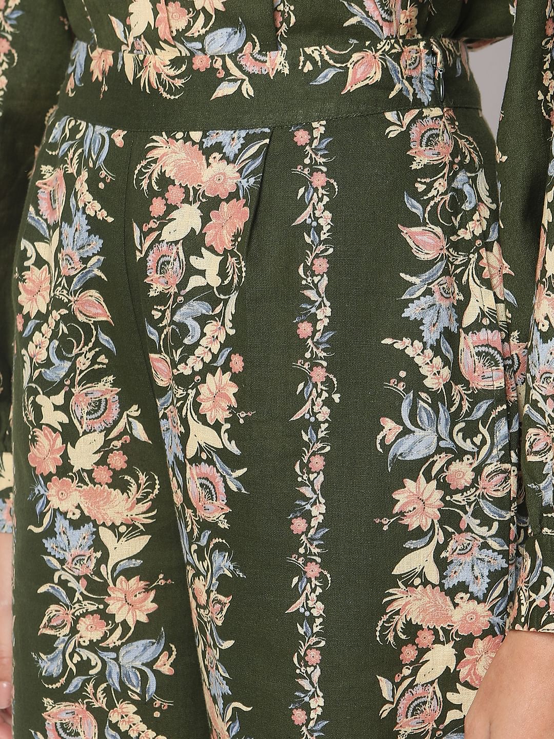 Olive Green Floral Co-Ord Set Pants