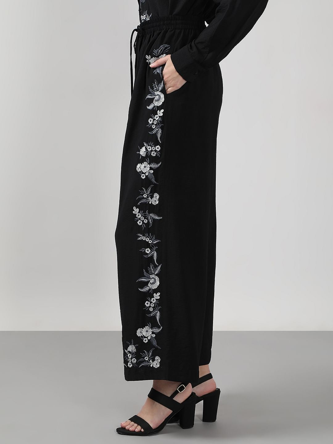Black Embroidered Co-Ord Set Pants