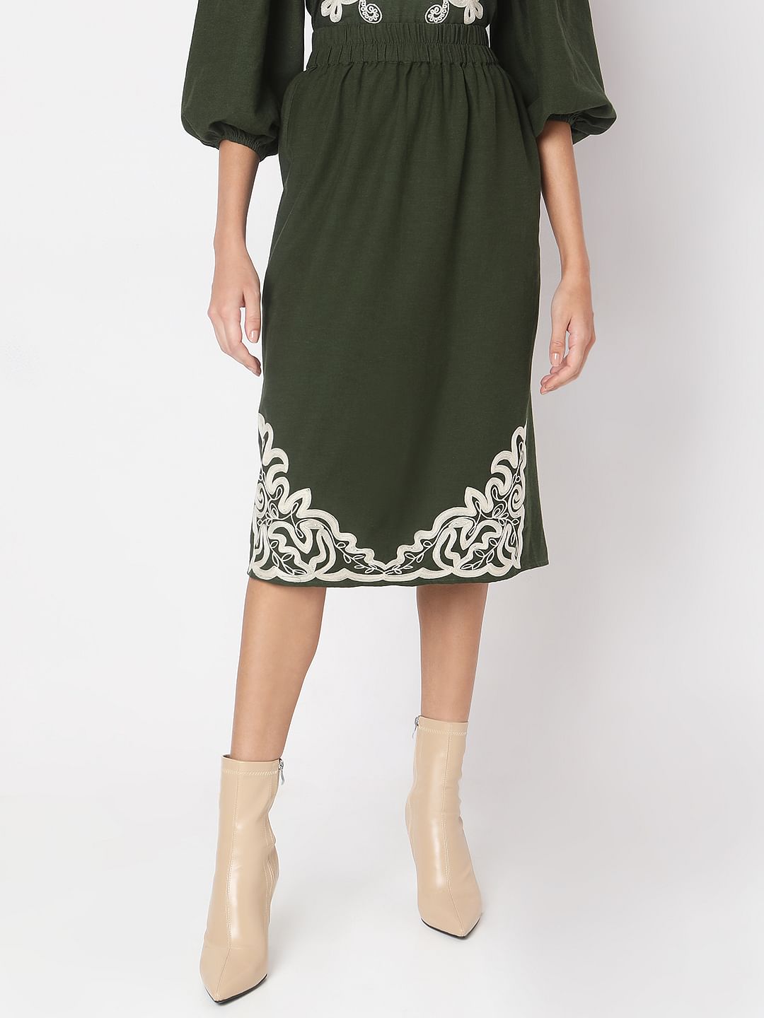 Green Embroidered Co-Ord Set Skirt