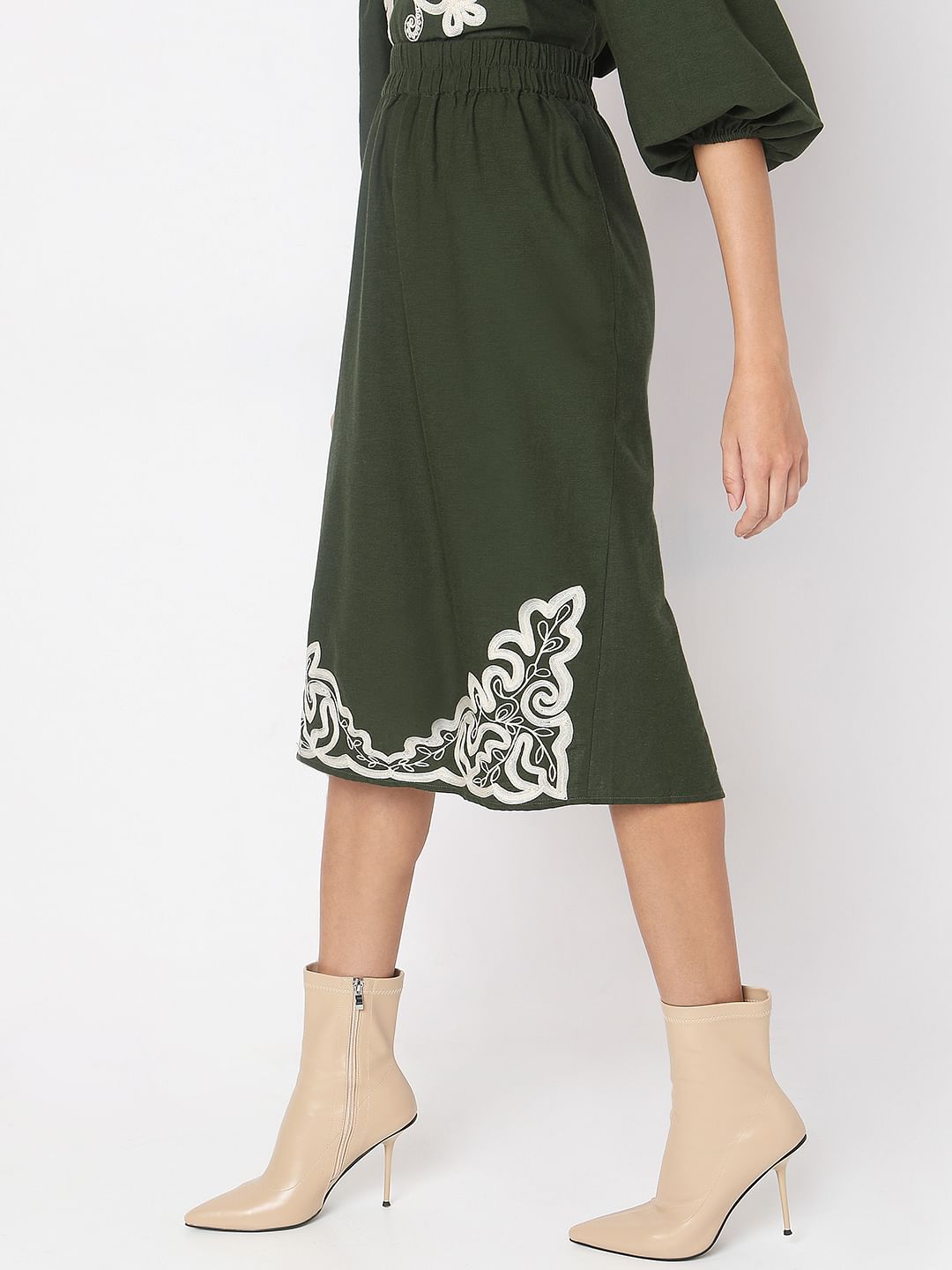 Green Embroidered Co-Ord Set Skirt