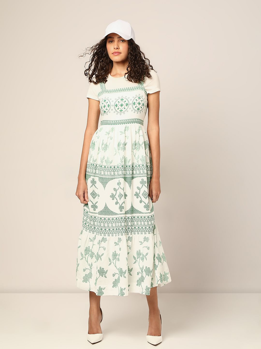 Green Printed Strappy Long Dress