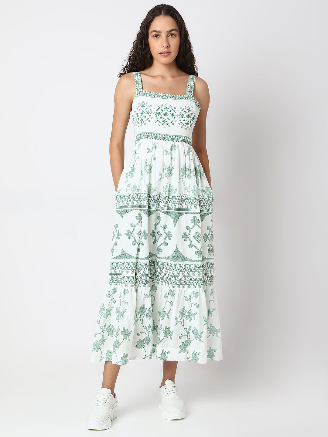 Green Printed Strappy Long Dress