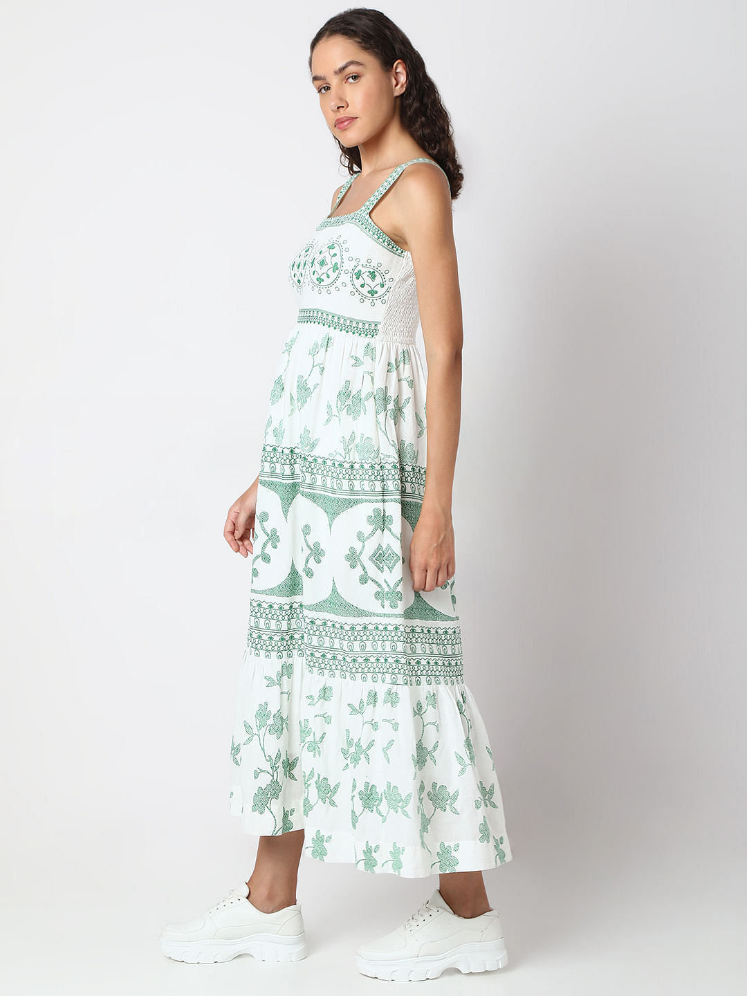 Green Printed Strappy Long Dress
