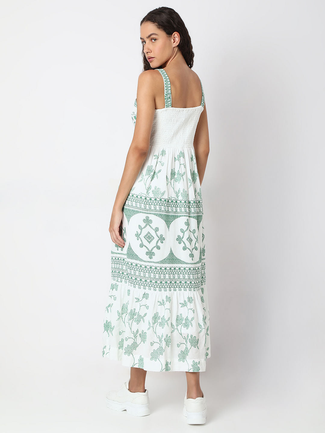 Green Printed Strappy Long Dress