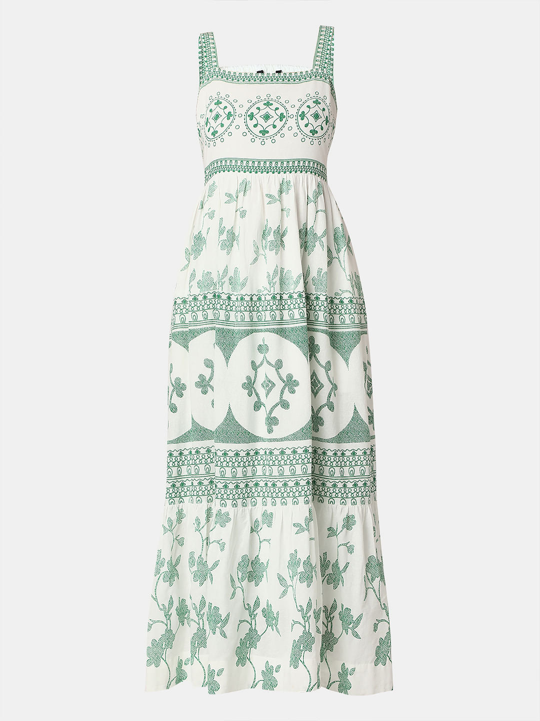 Green Printed Strappy Long Dress
