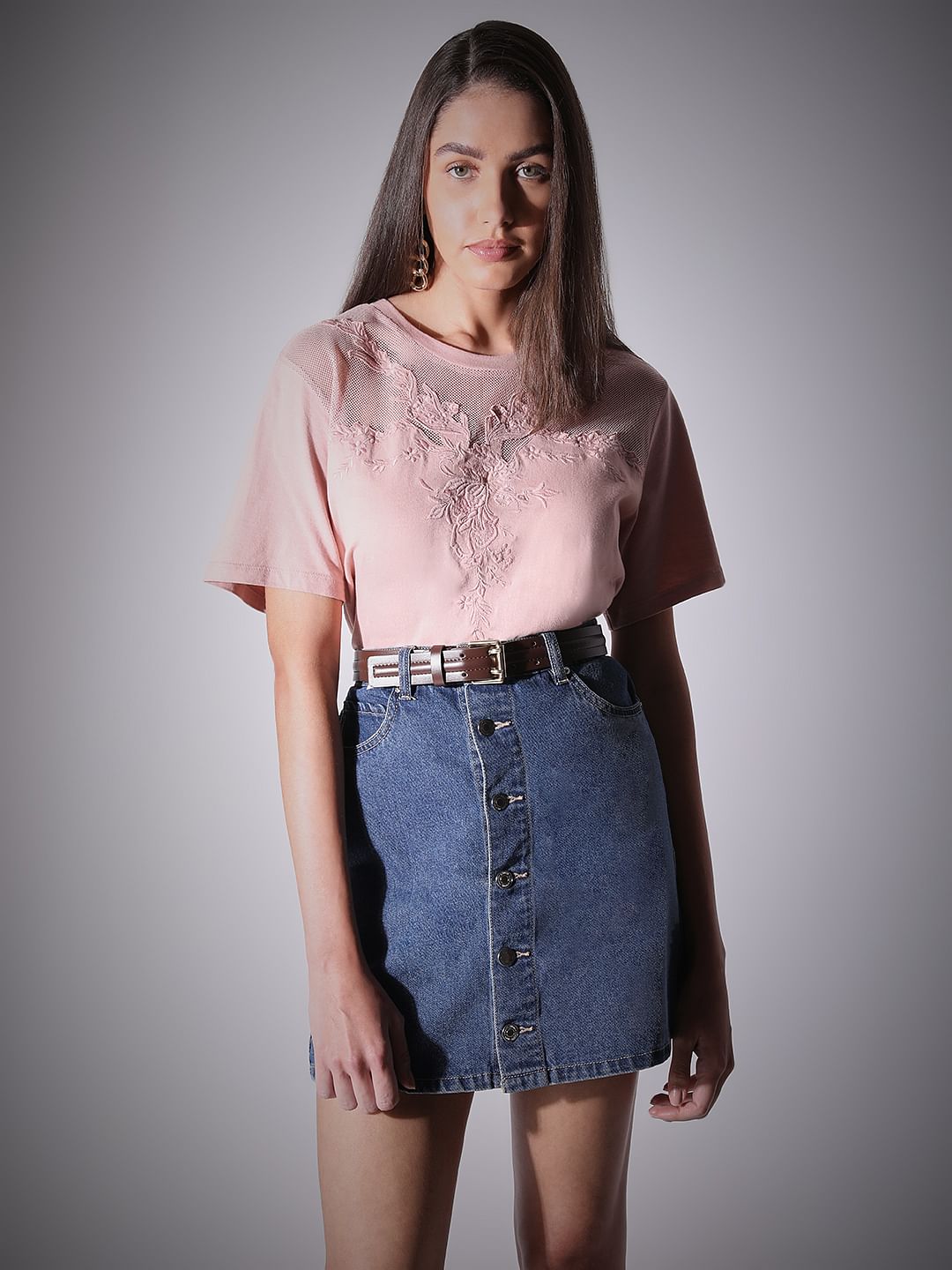 Pink Floral Appliqu  Mesh T-Shirt