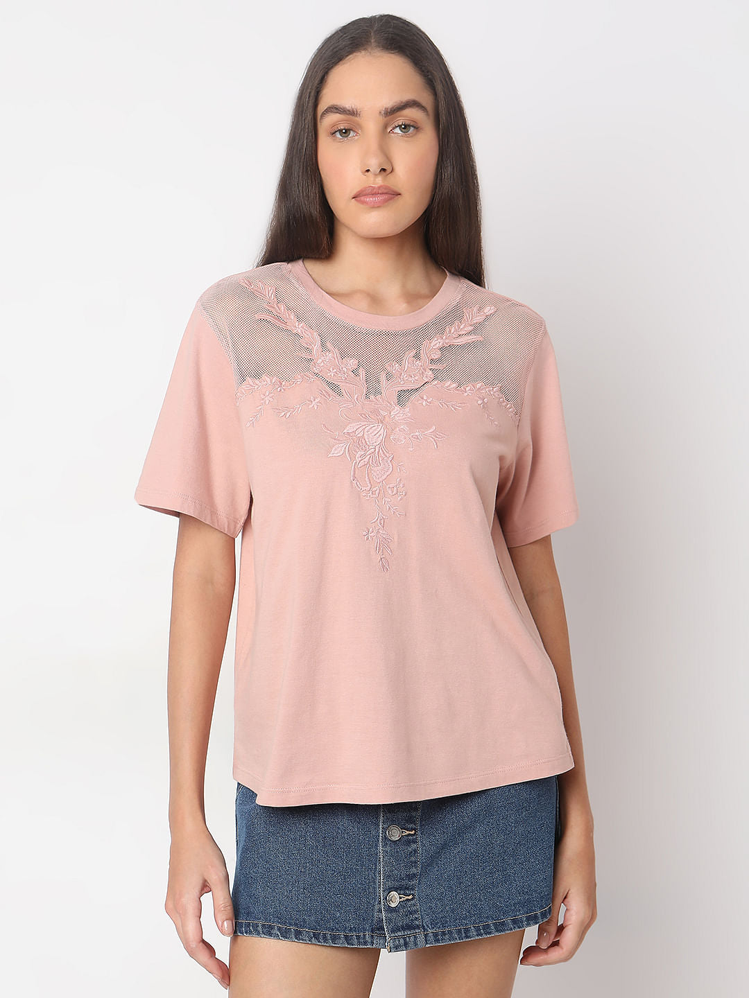 Pink Floral Appliqu  Mesh T-Shirt