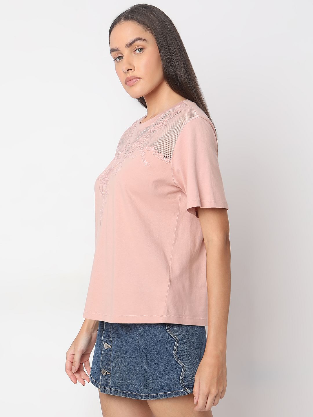 Pink Floral Appliqu  Mesh T-Shirt