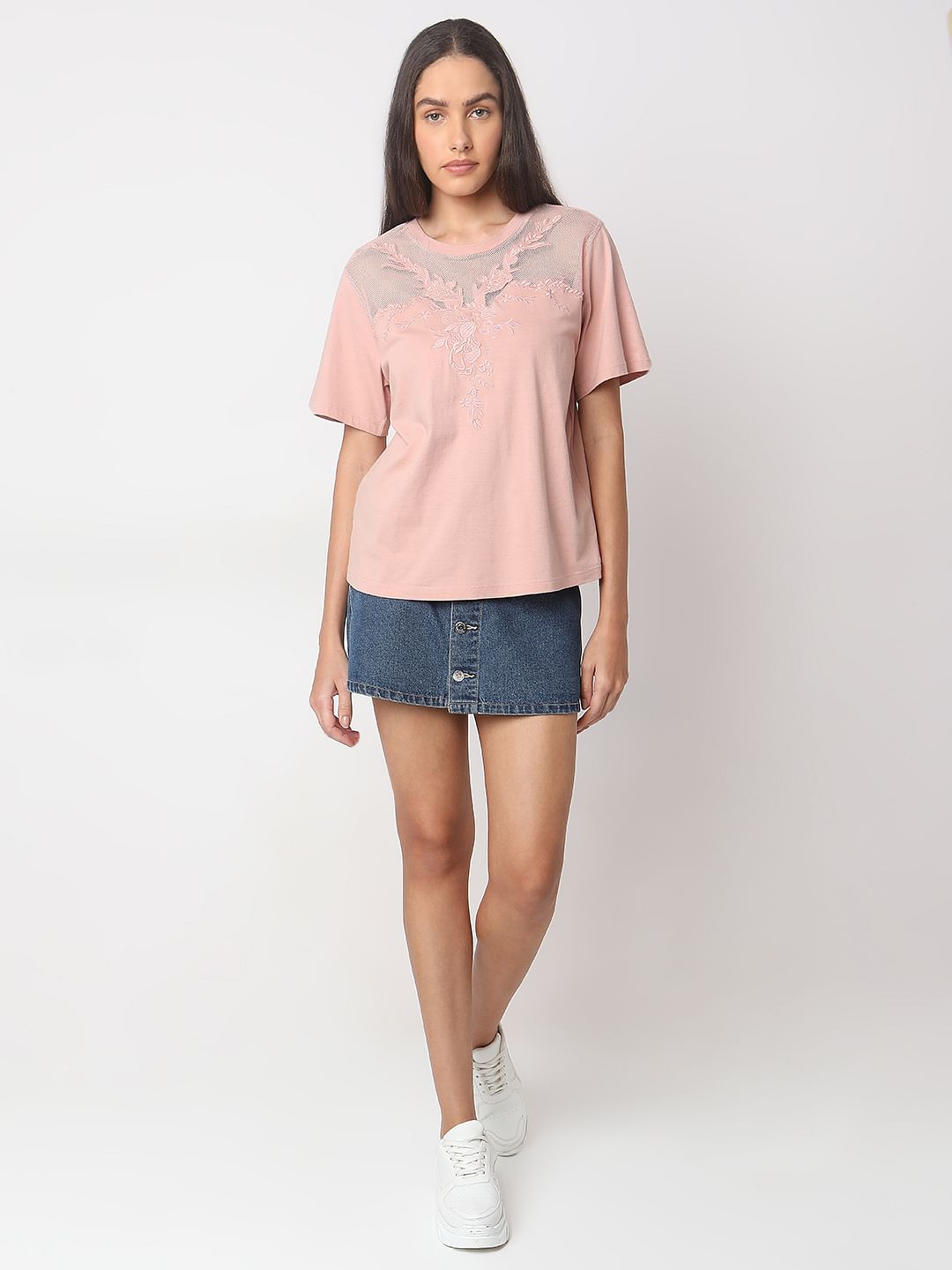 Pink Floral Appliqu  Mesh T-Shirt