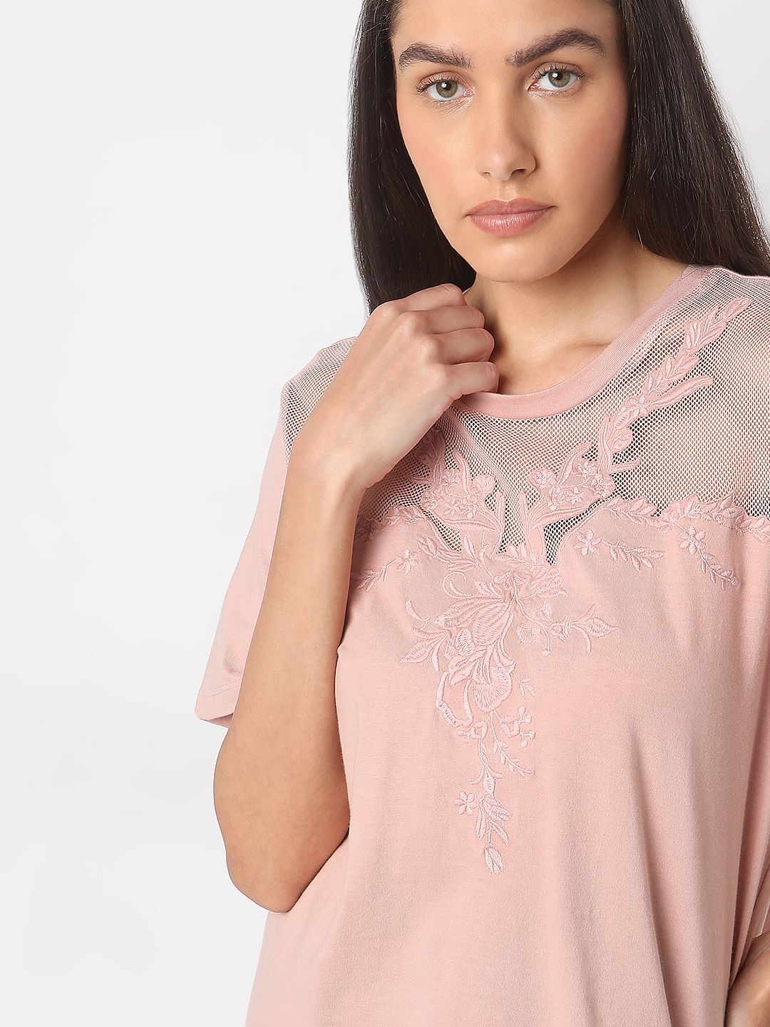 Pink Floral Appliqu  Mesh T-Shirt