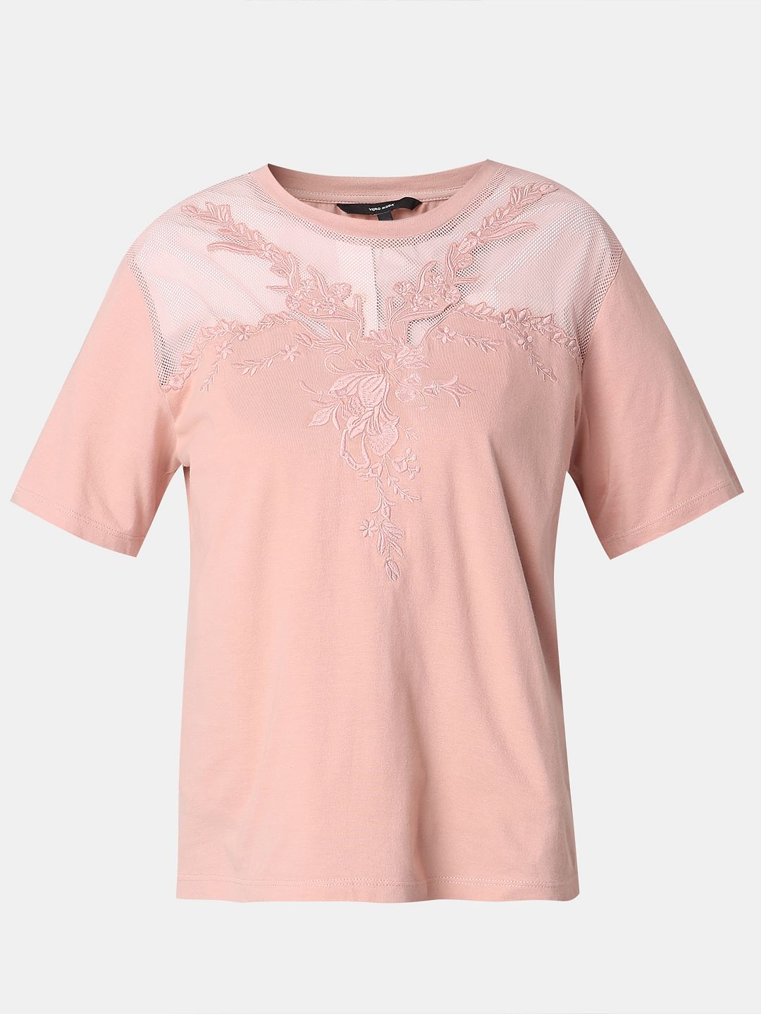 Pink Floral Appliqu  Mesh T-Shirt