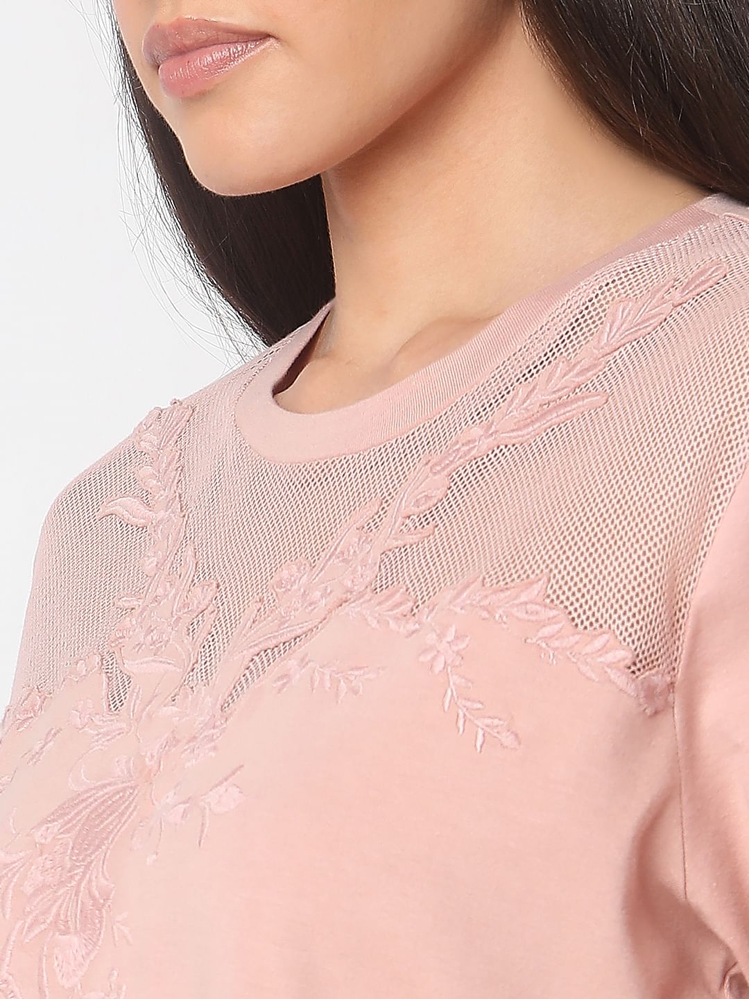 Pink Floral Appliqu  Mesh T-Shirt