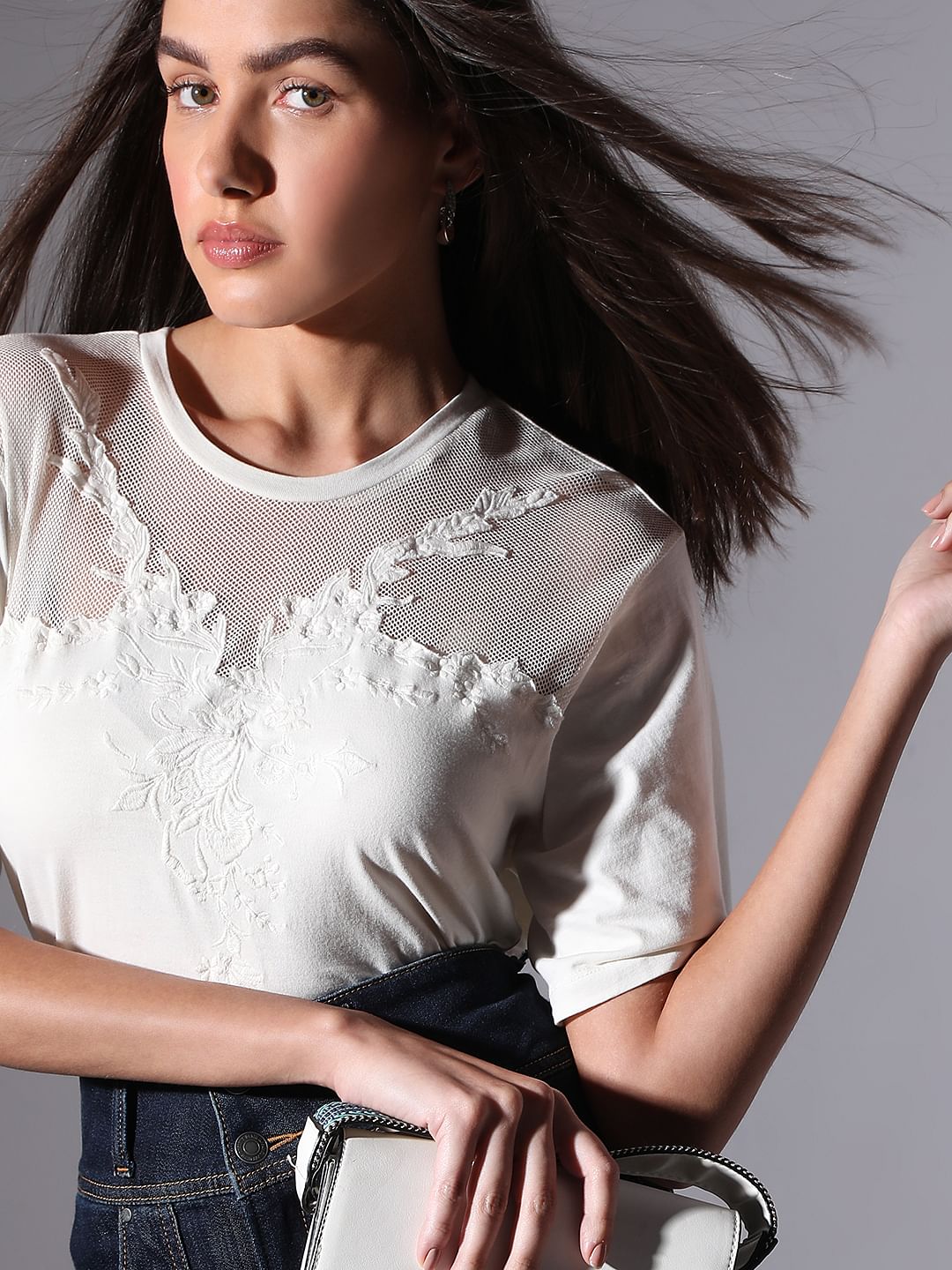 White Floral Appliqu  Mesh T-Shirt