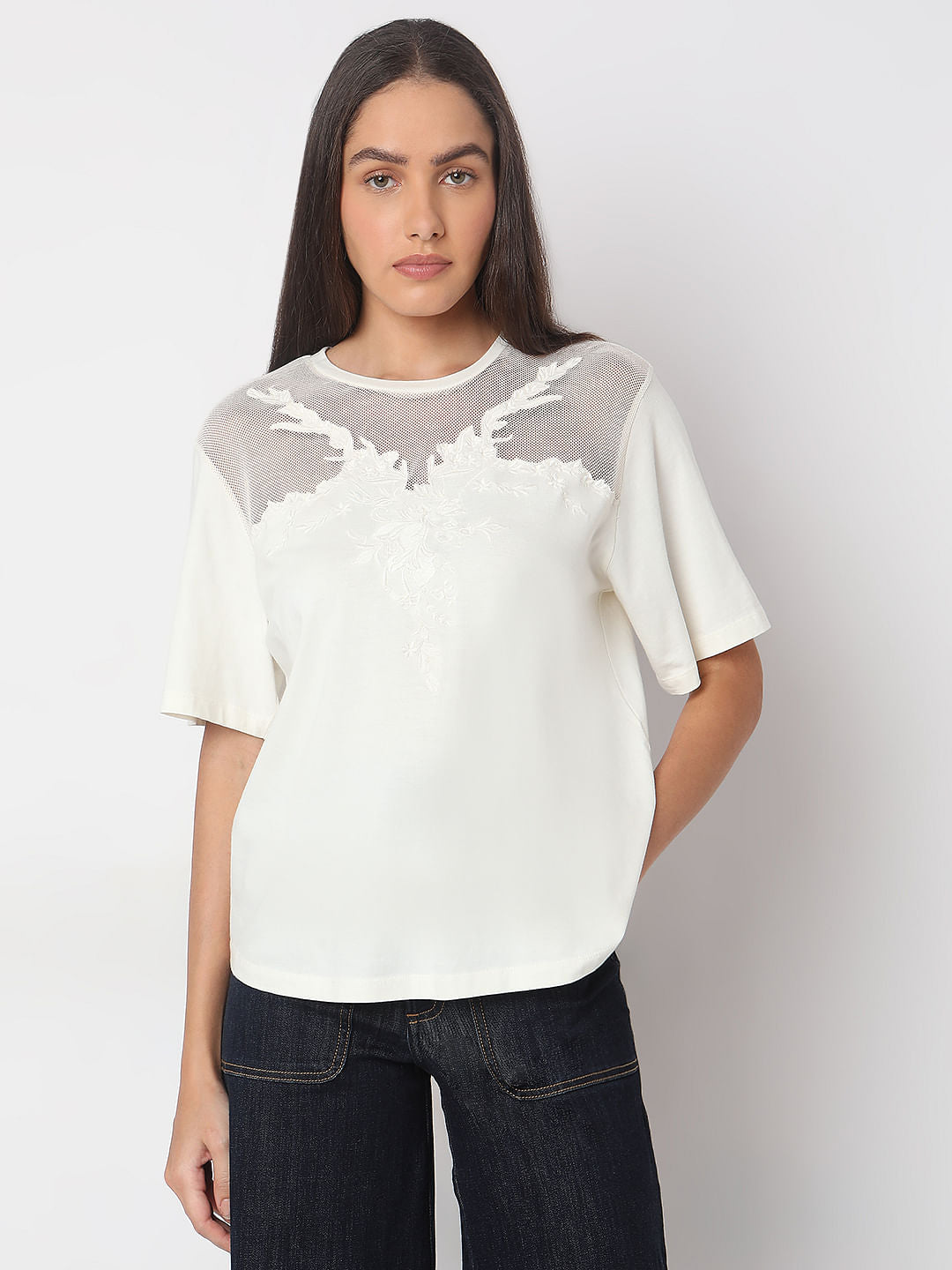 White Floral Appliqu  Mesh T-Shirt