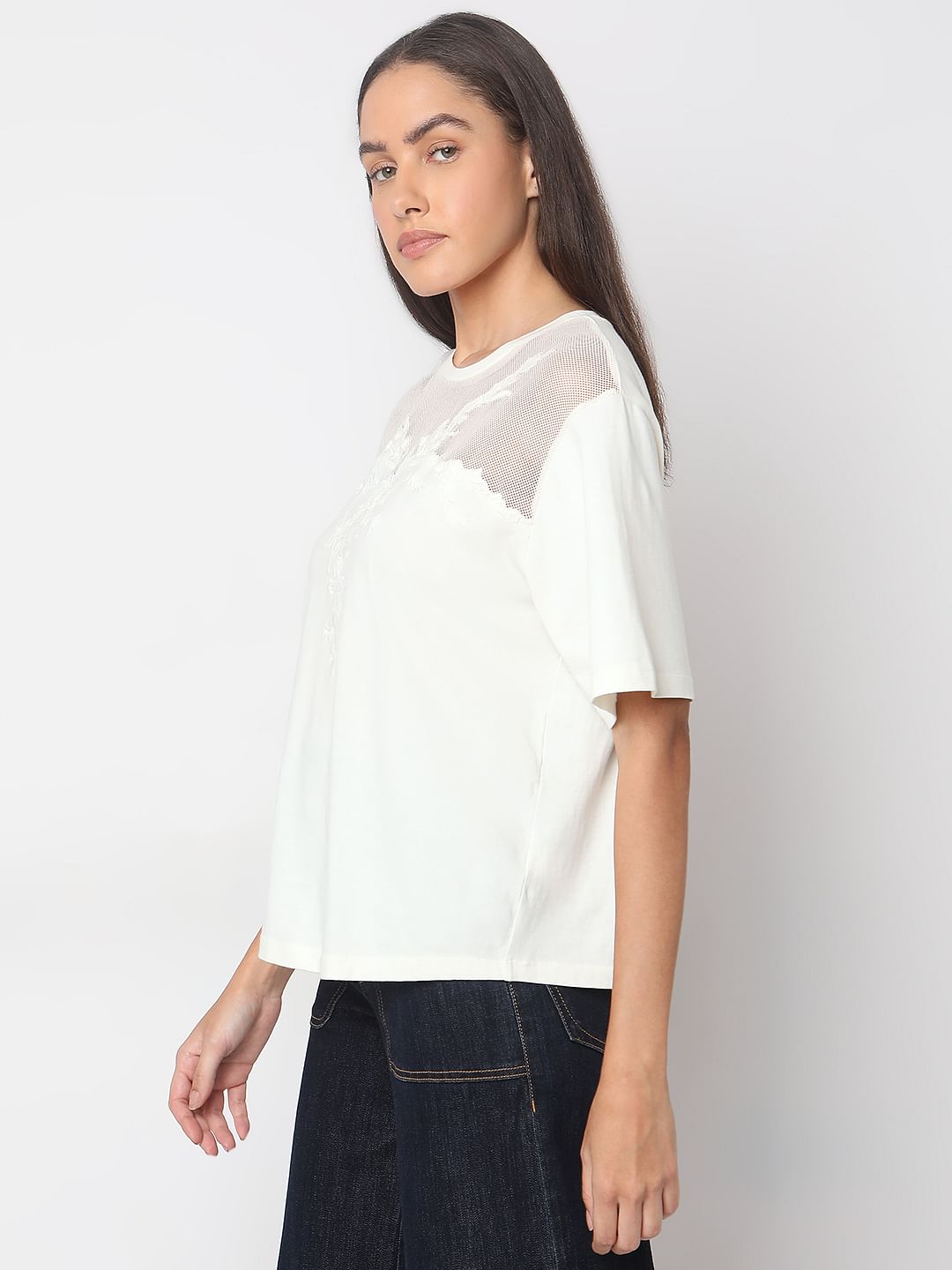 White Floral Appliqu  Mesh T-Shirt