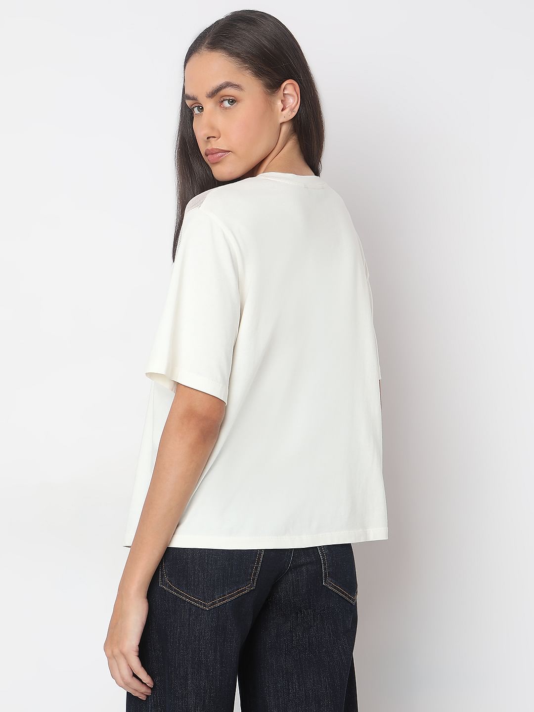 White Floral Appliqu  Mesh T-Shirt