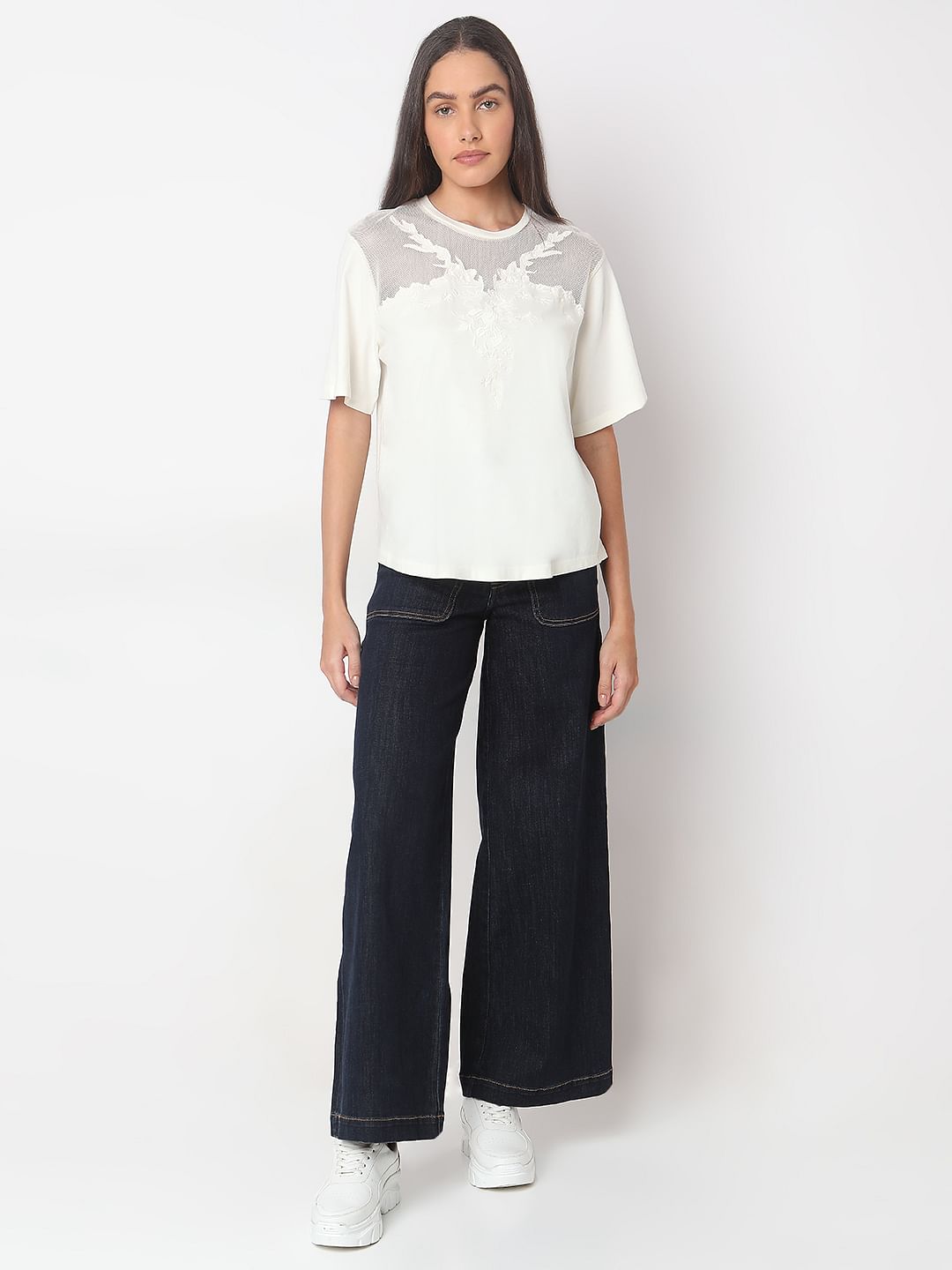 White Floral Appliqu  Mesh T-Shirt