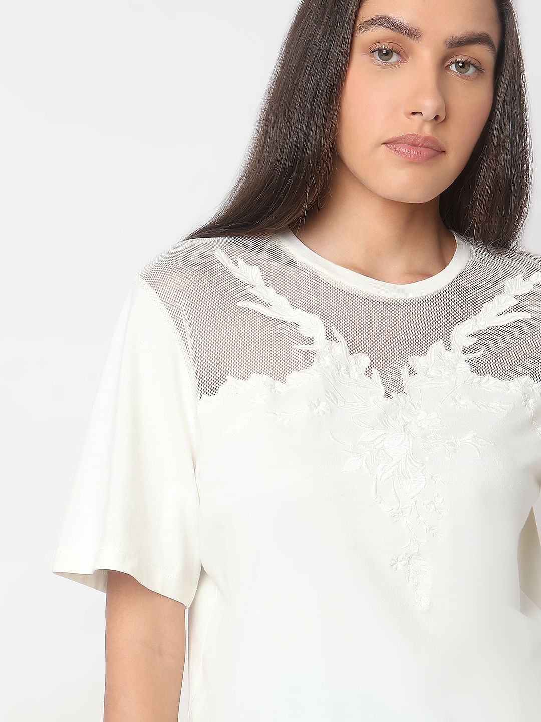 White Floral Appliqu  Mesh T-Shirt