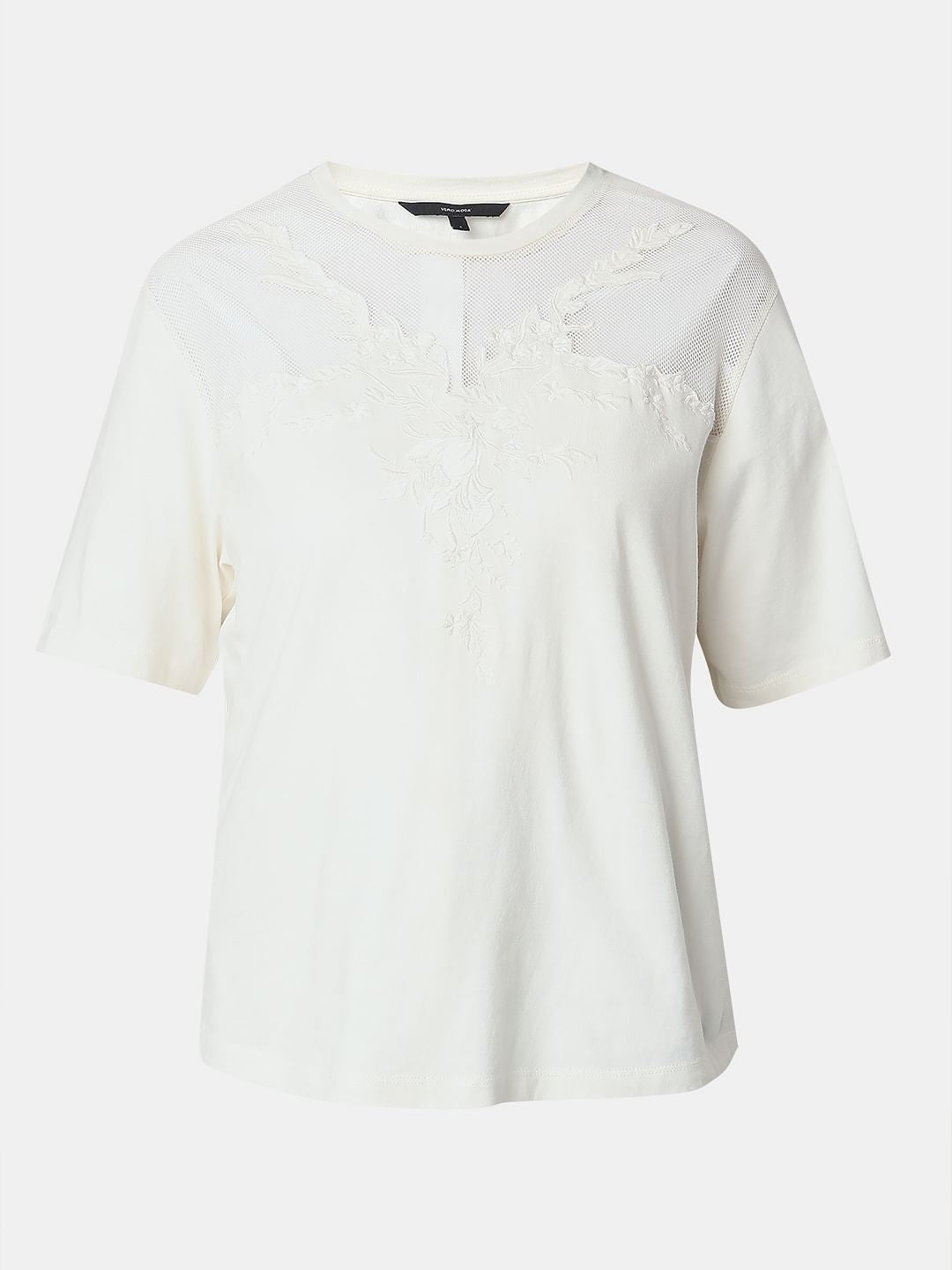 White Floral Appliqu  Mesh T-Shirt