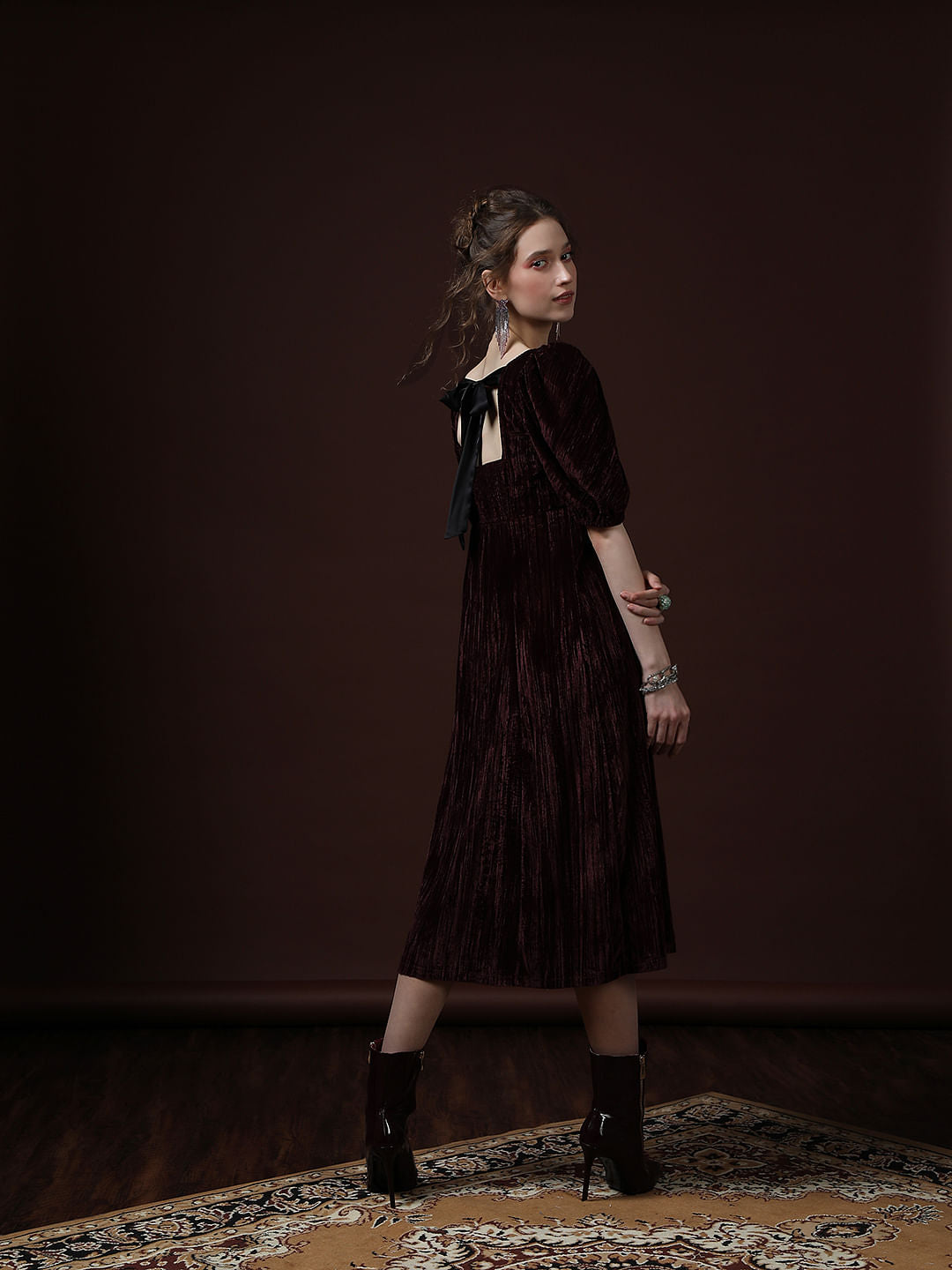 Maroon Square Neck Midi Dress