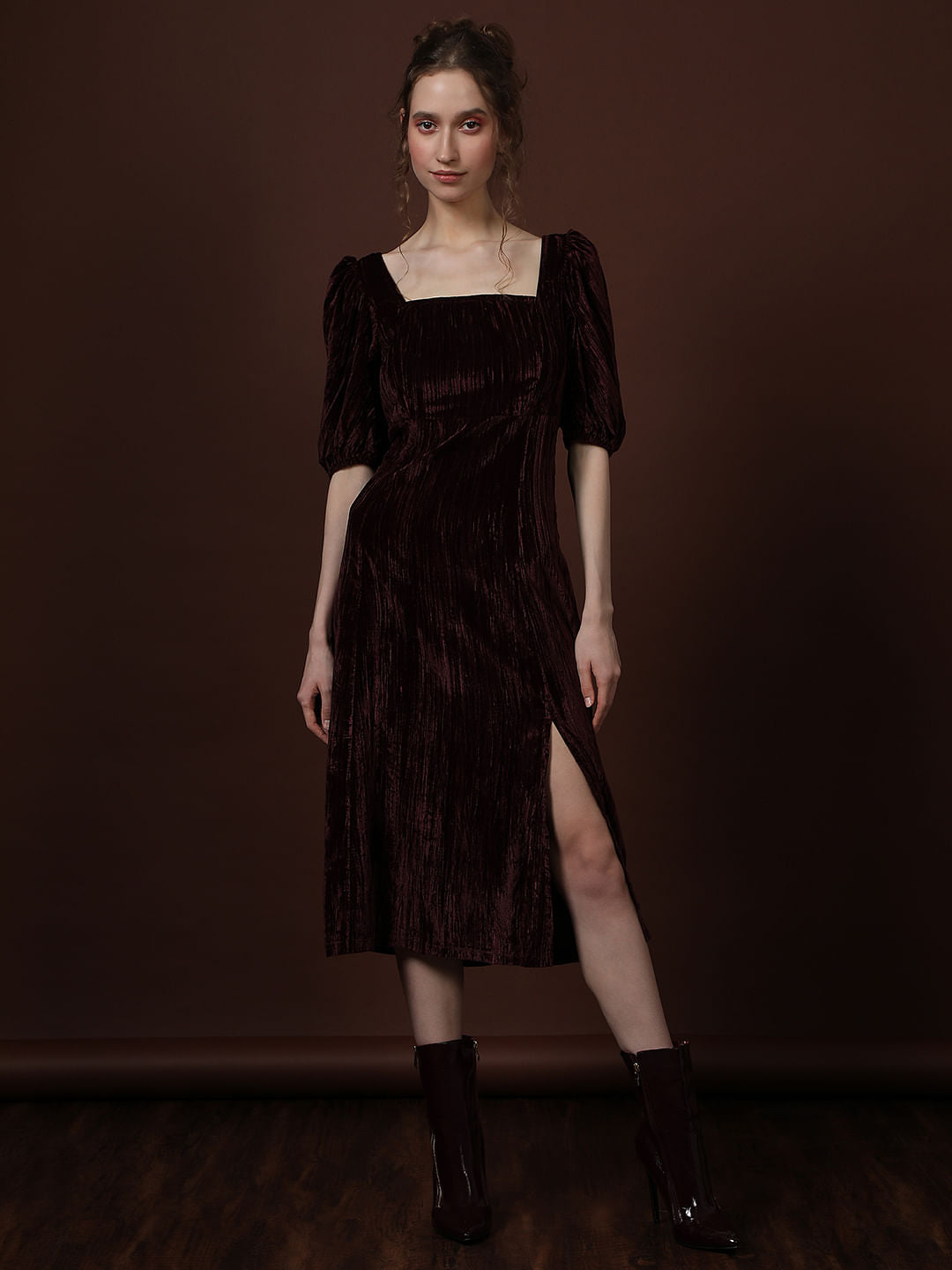 Maroon Square Neck Midi Dress