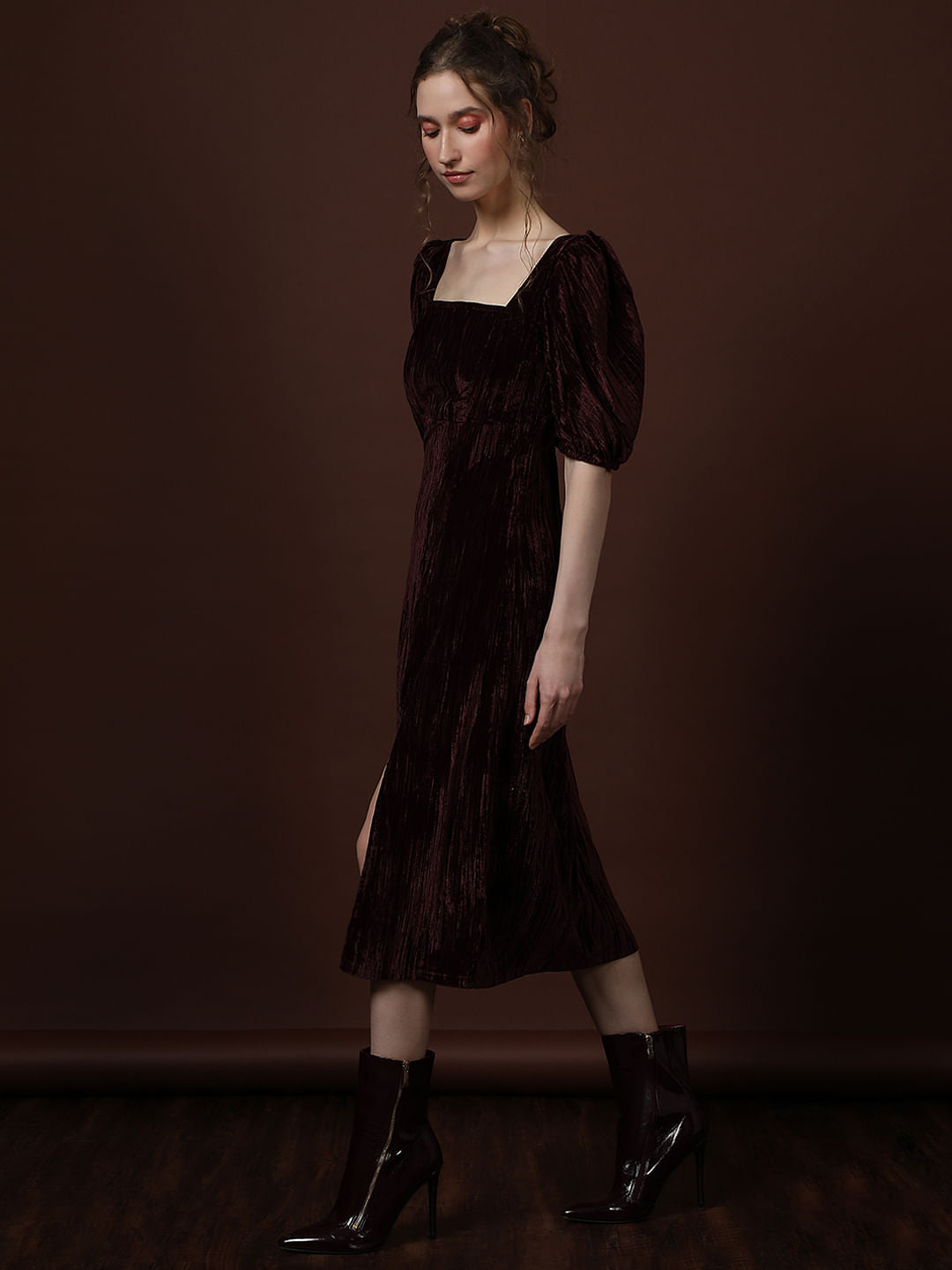 Maroon Square Neck Midi Dress