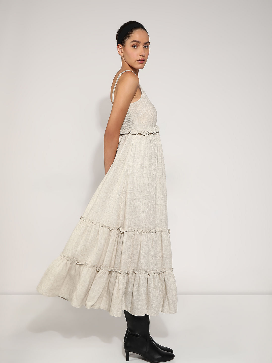 Beige Cotton Midi Dress