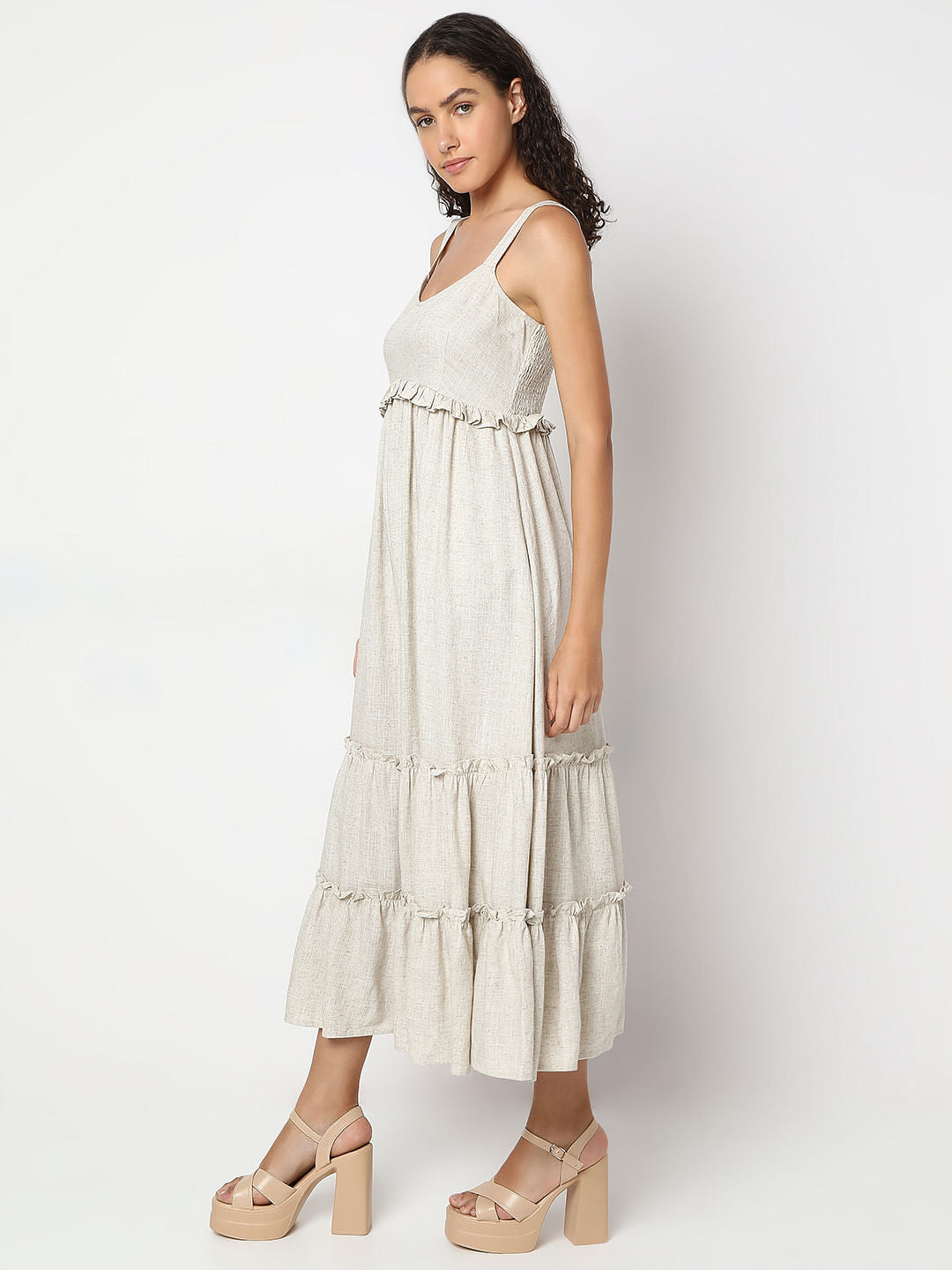 Beige Cotton Midi Dress