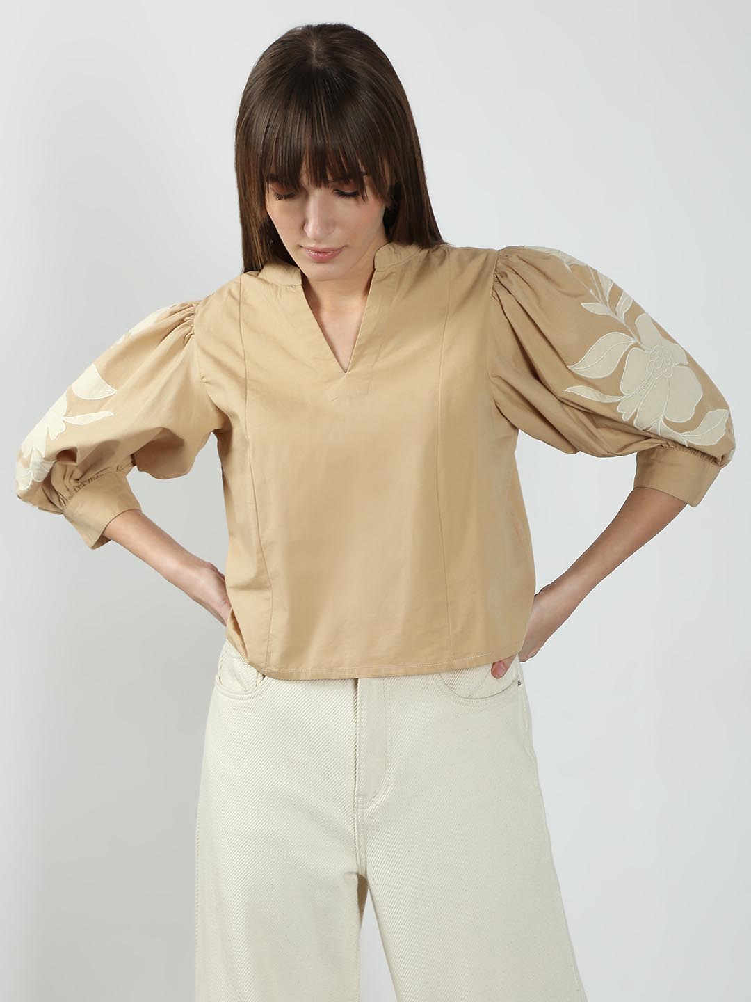 Vero Moda Beige V Neck Cotton Top