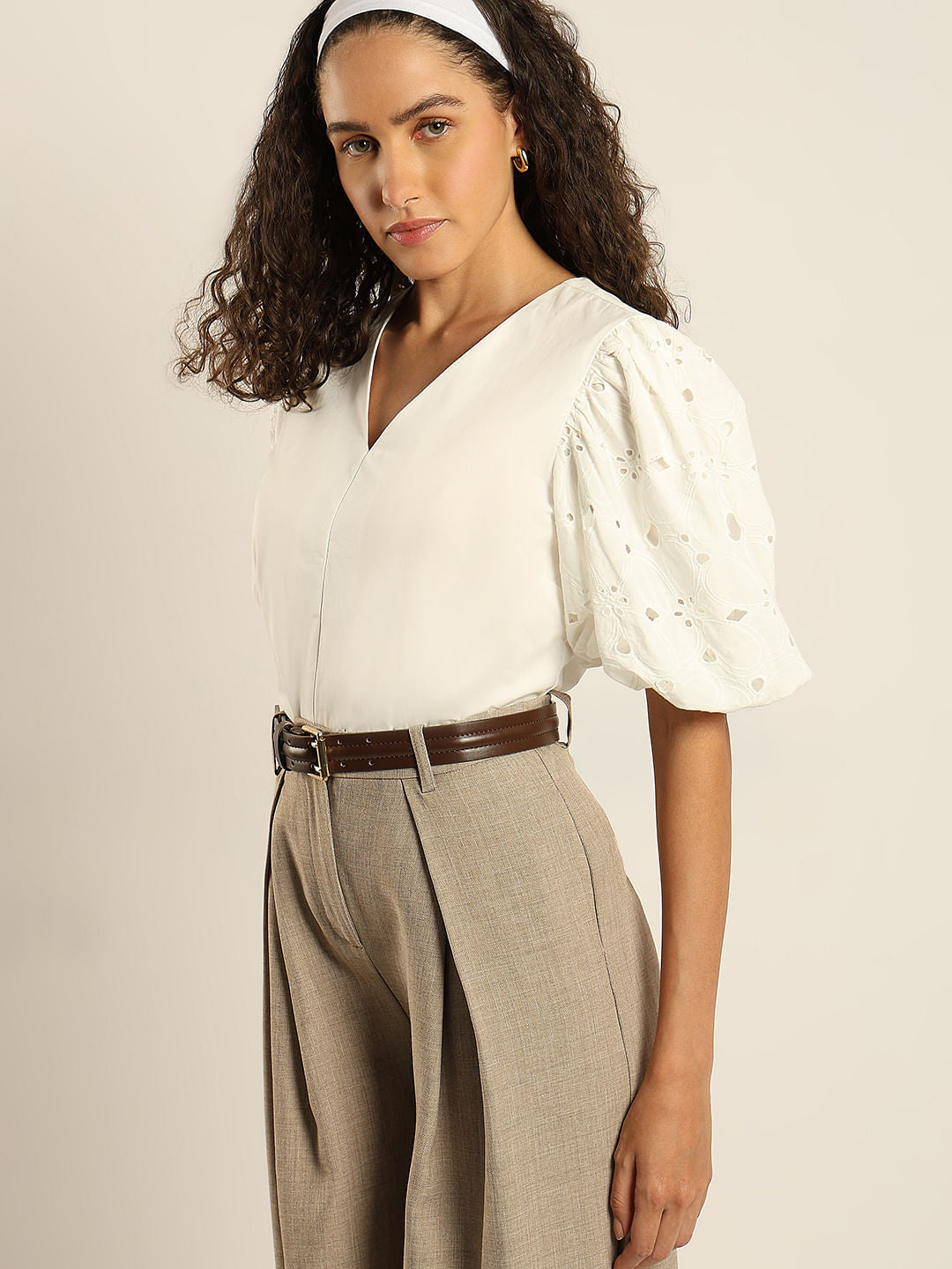 Bright White Cut-Work Sleeves Top