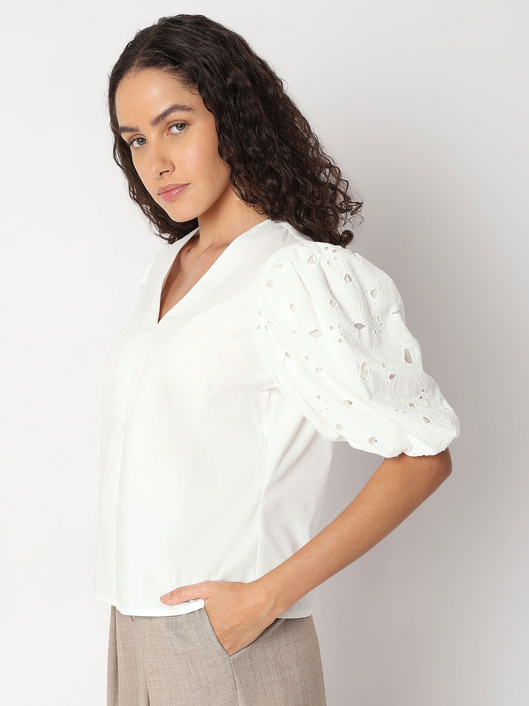 Bright White Cut-Work Sleeves Top