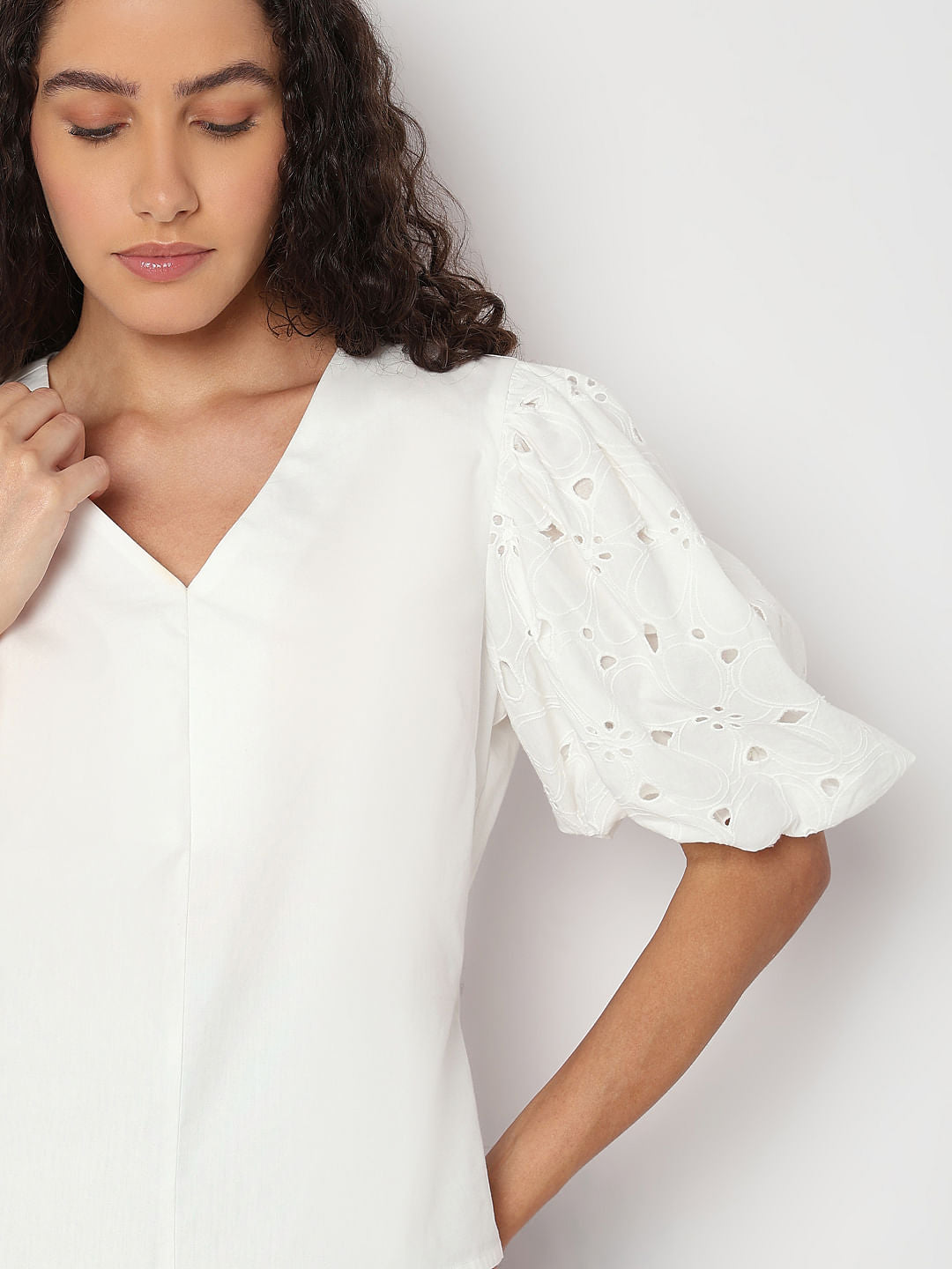 Bright White Cut-Work Sleeves Top