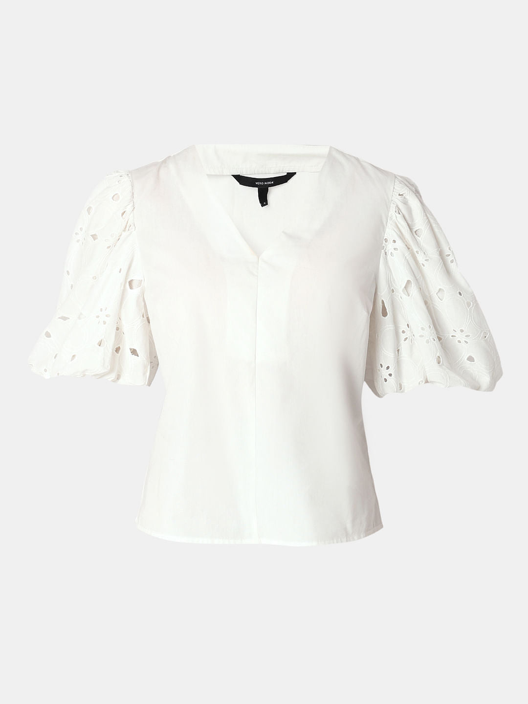 Bright White Cut-Work Sleeves Top