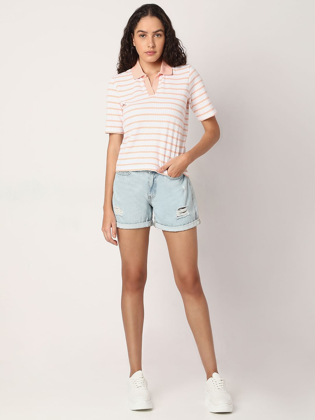 Pink Striped Rib-Knit T-Shirt