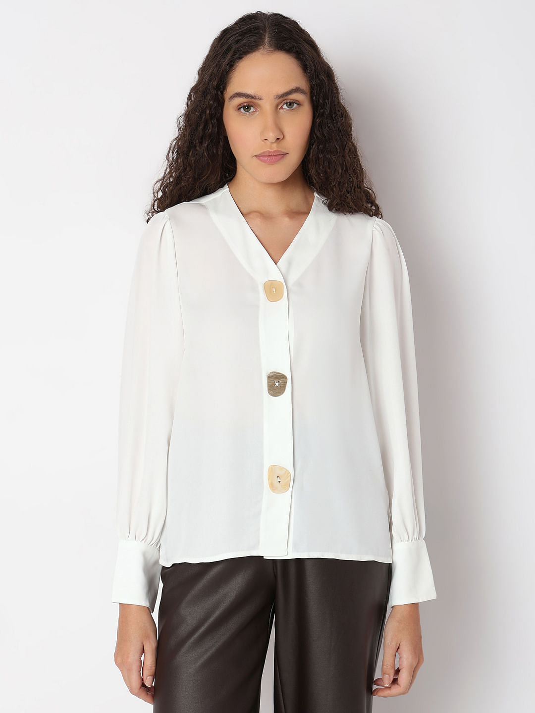 White Asymmetrical Button Top