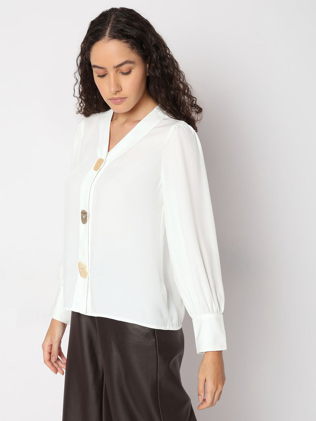 White Asymmetrical Button Top