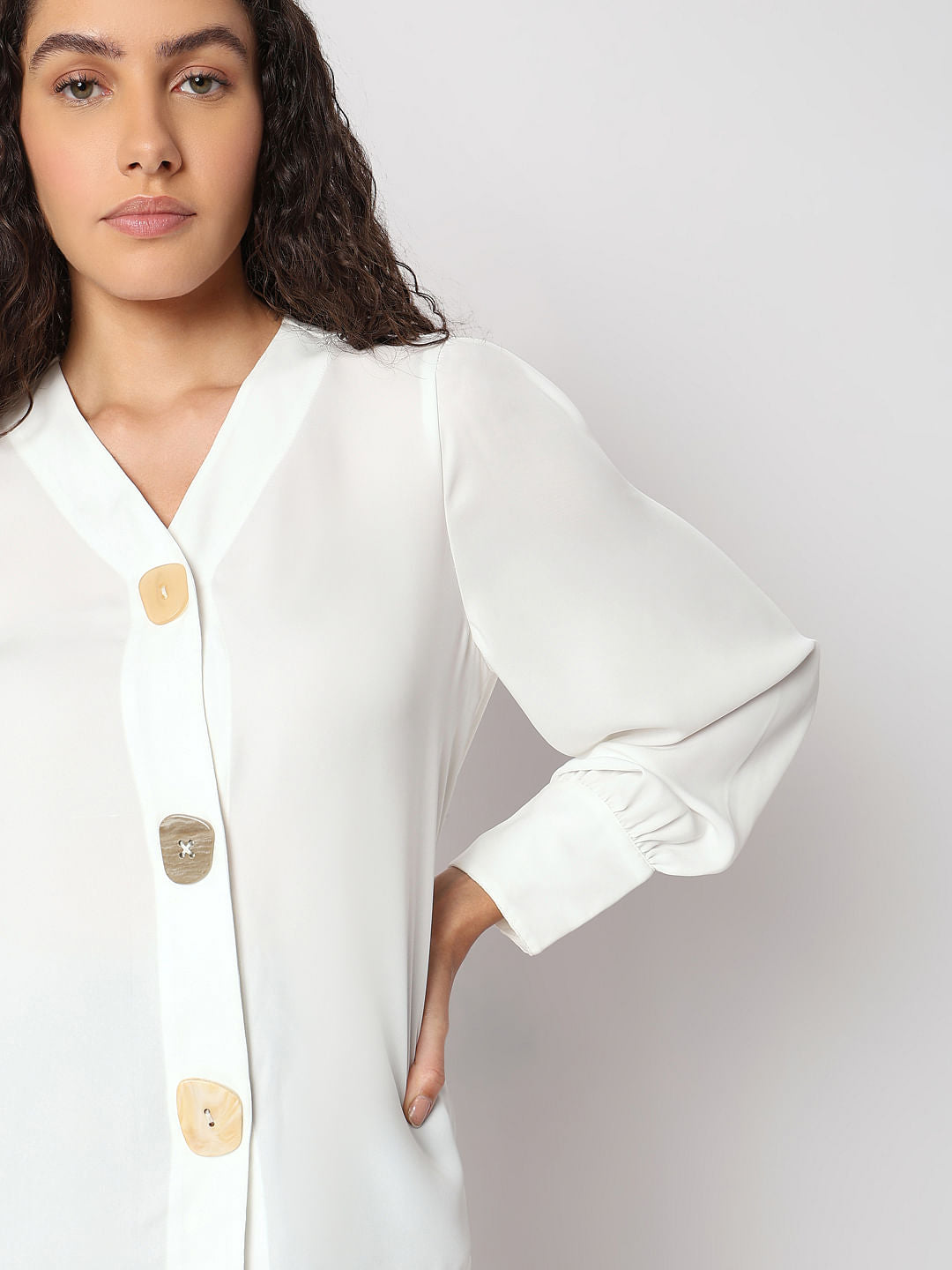 White Asymmetrical Button Top