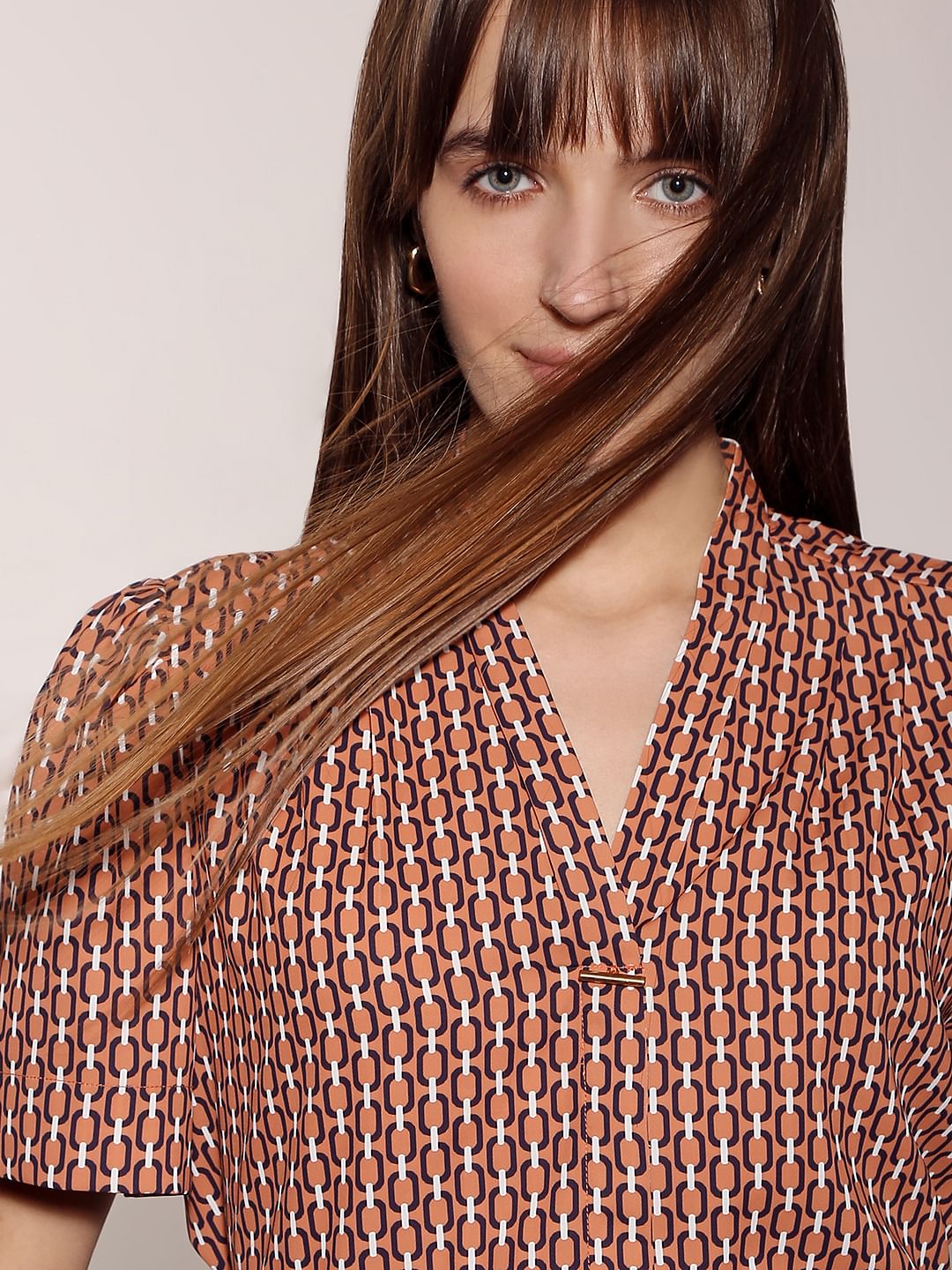 Brown Printed V Neck Top