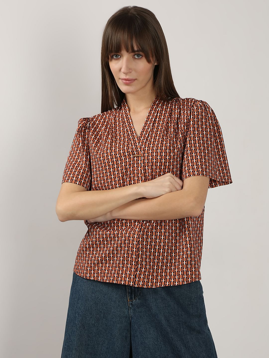 Brown Printed V Neck Top