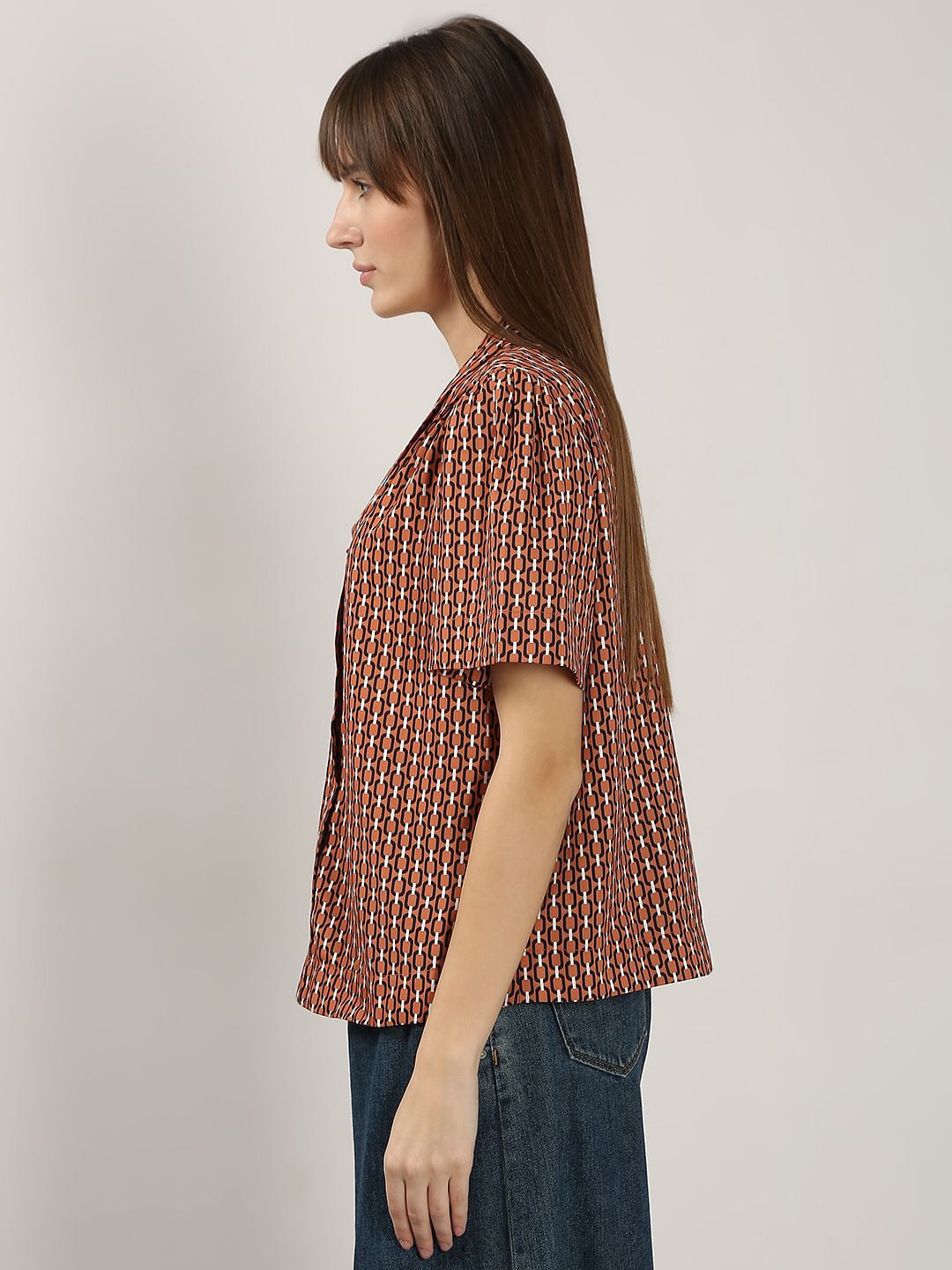 Brown Printed V Neck Top