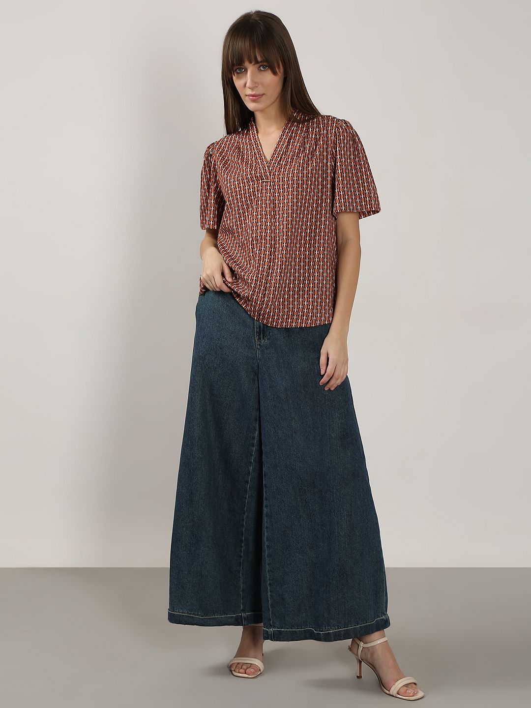 Brown Printed V Neck Top