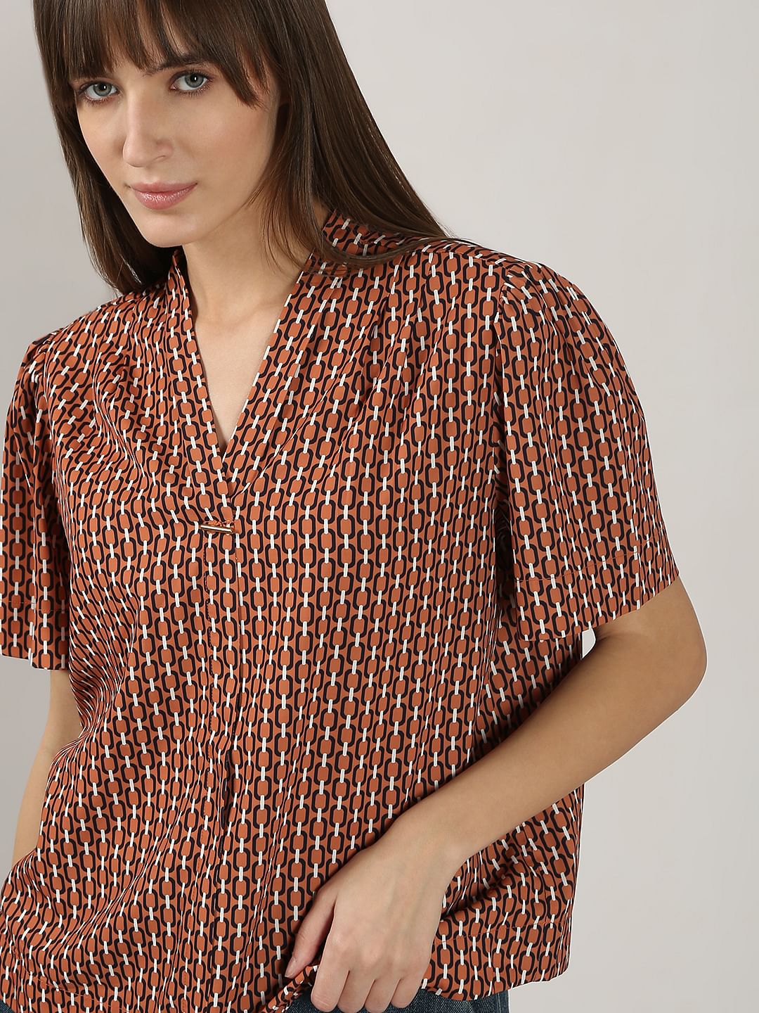 Brown Printed V Neck Top