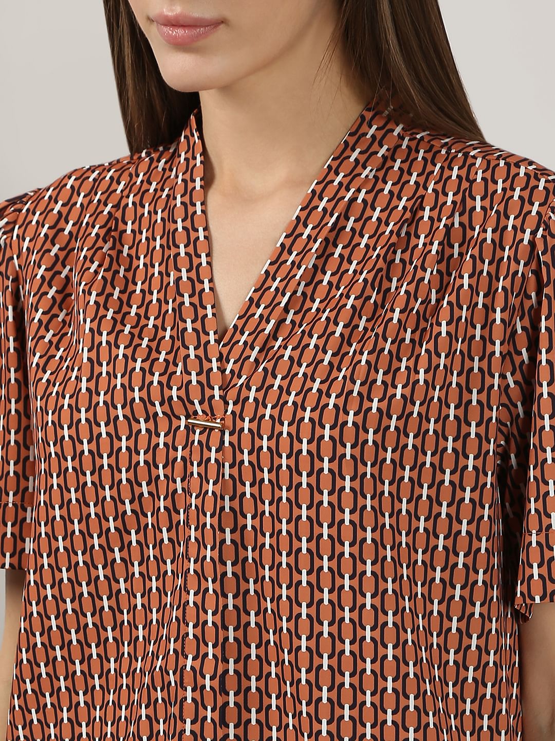 Brown Printed V Neck Top