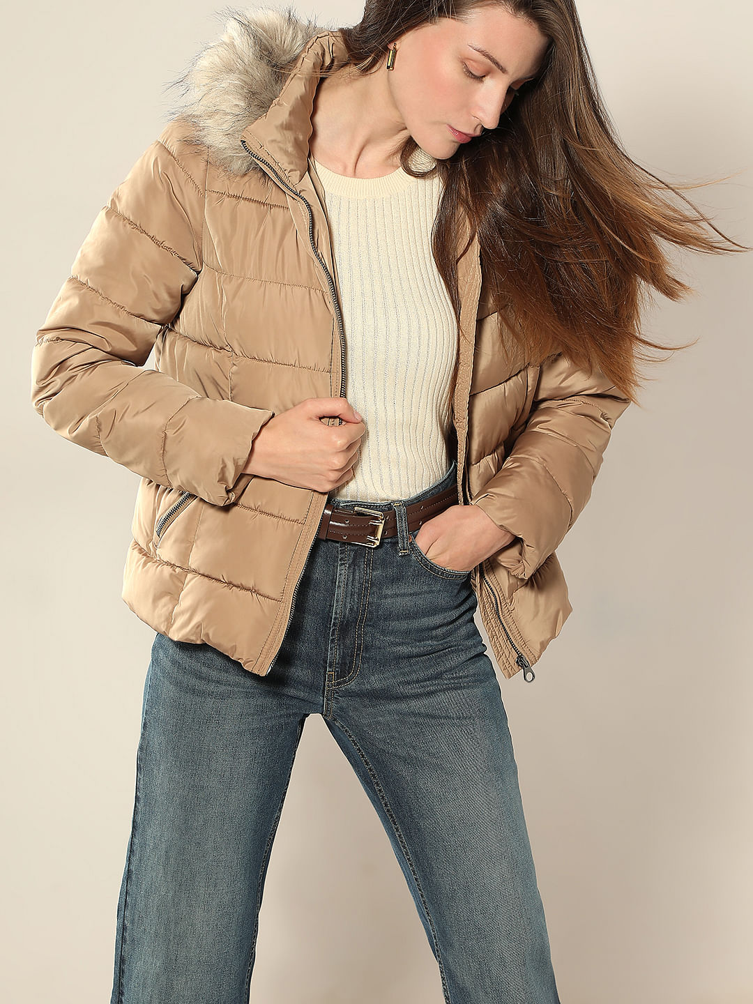 Brown Fur Hooded Puffer Jacket