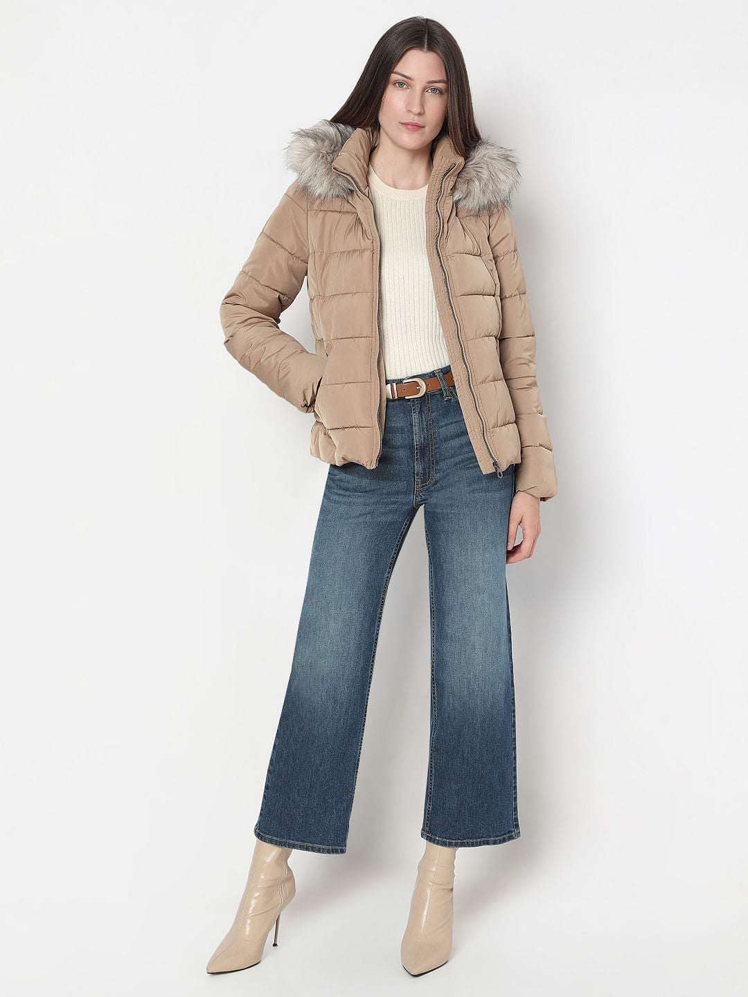 Brown Fur Hooded Puffer Jacket