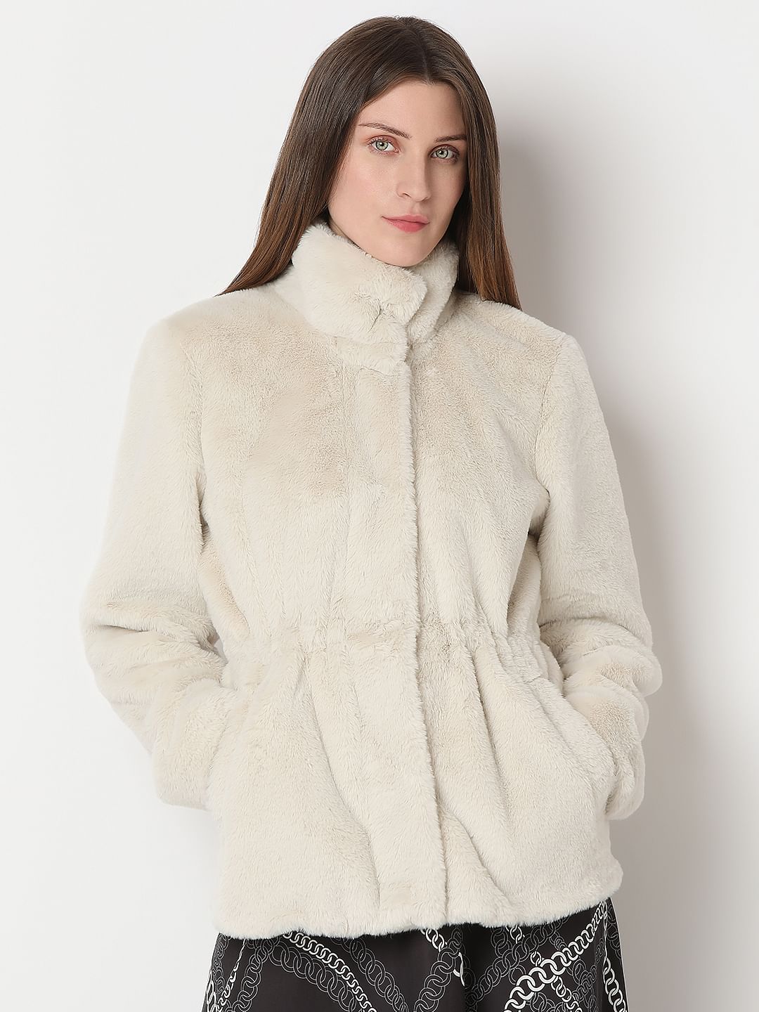 Beige High Neck Faux Fur Jacket